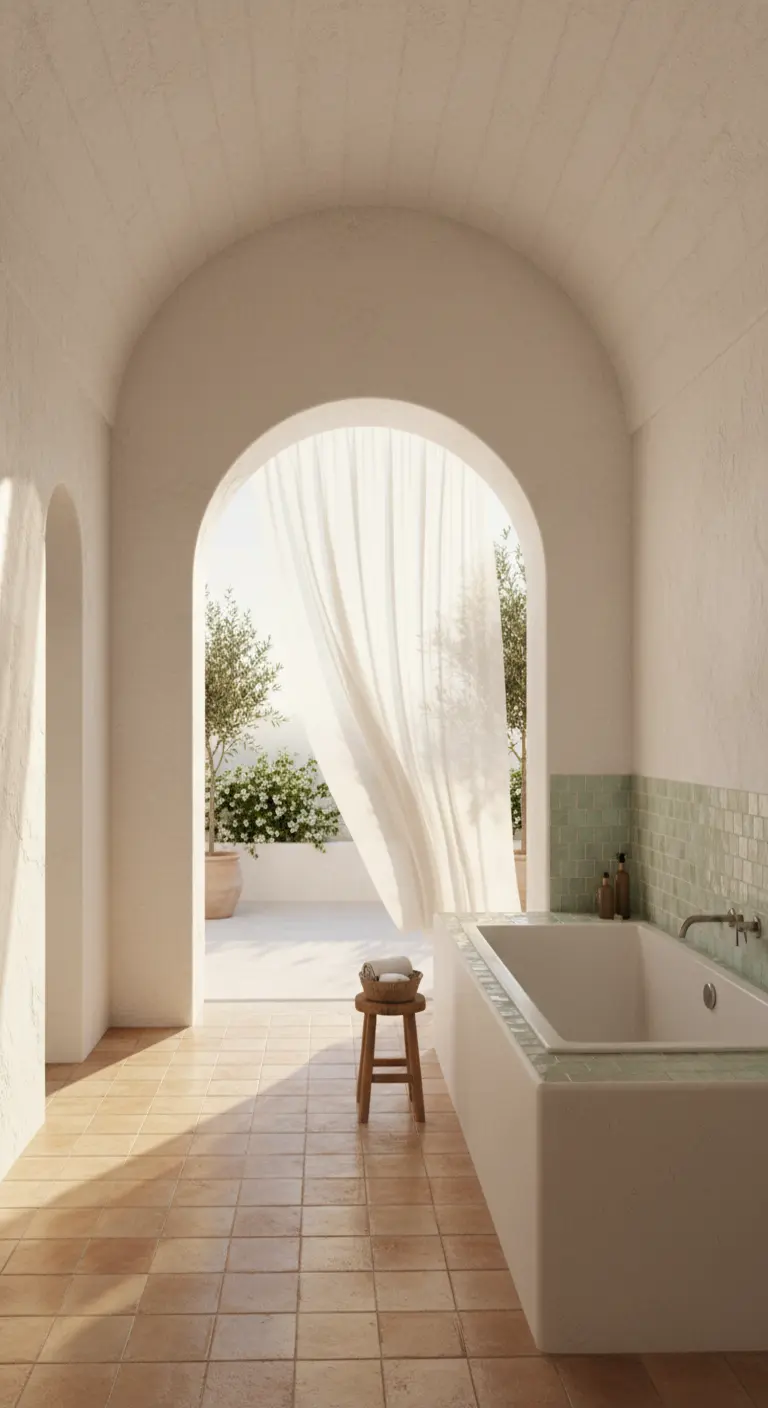 Bagno in stile mediterraneo con arco che si apre su un patio, con una tenda bianca mossa dal vento.