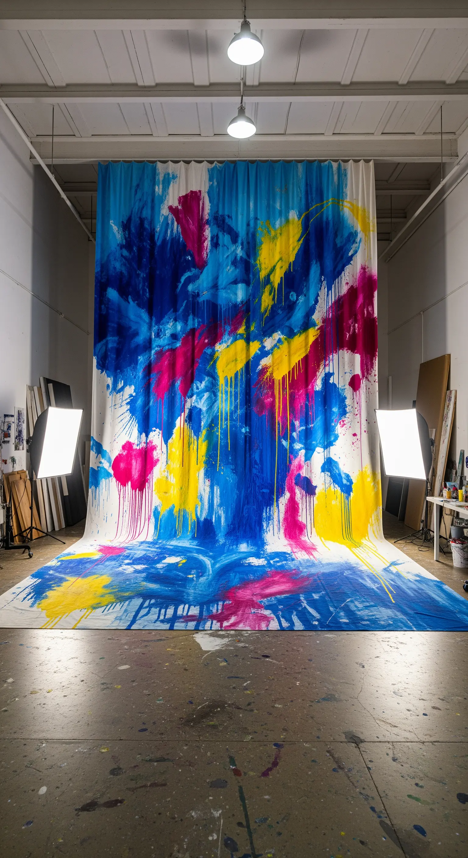 Un'enorme tela dipinta con schizzi e colature di colore blu, fucsia e giallo usata come tenda.