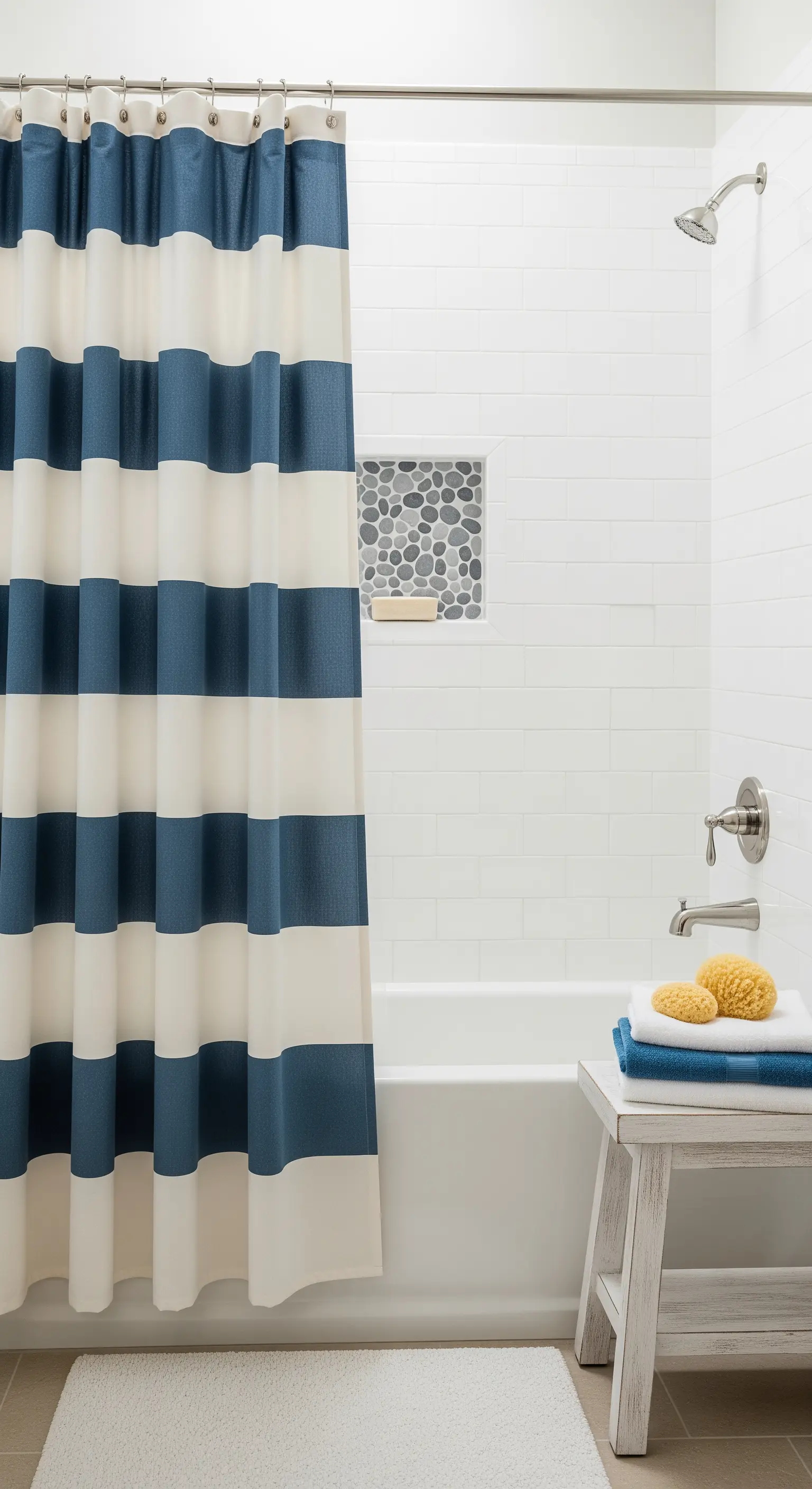 Bagno bianco con tenda da doccia a righe larghe blu e bianche e sgabello in legno.