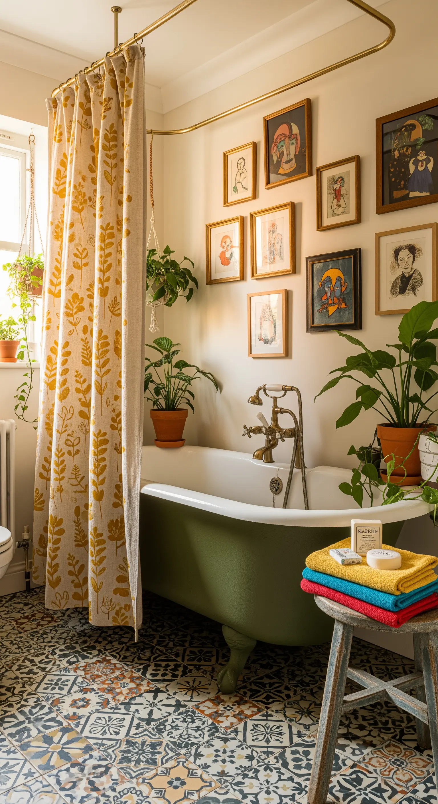 Bagno eclettico con vasca freestanding verde oliva e tenda da doccia con motivo botanico senape.