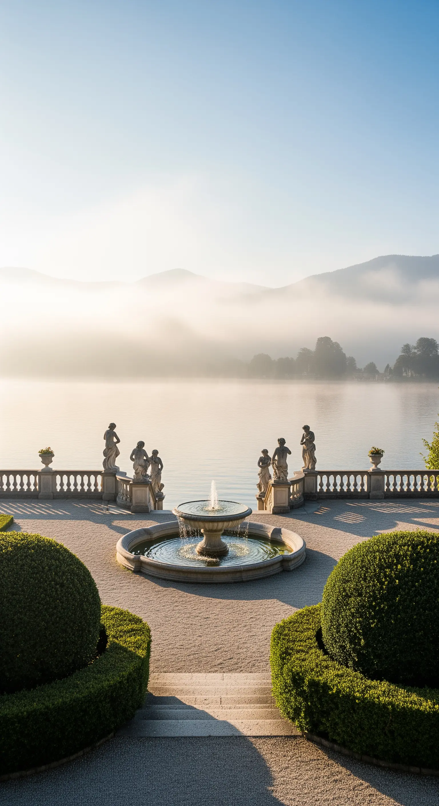Terrazza con vista lago, fontana centrale, statue su balaustra e siepi sferiche.