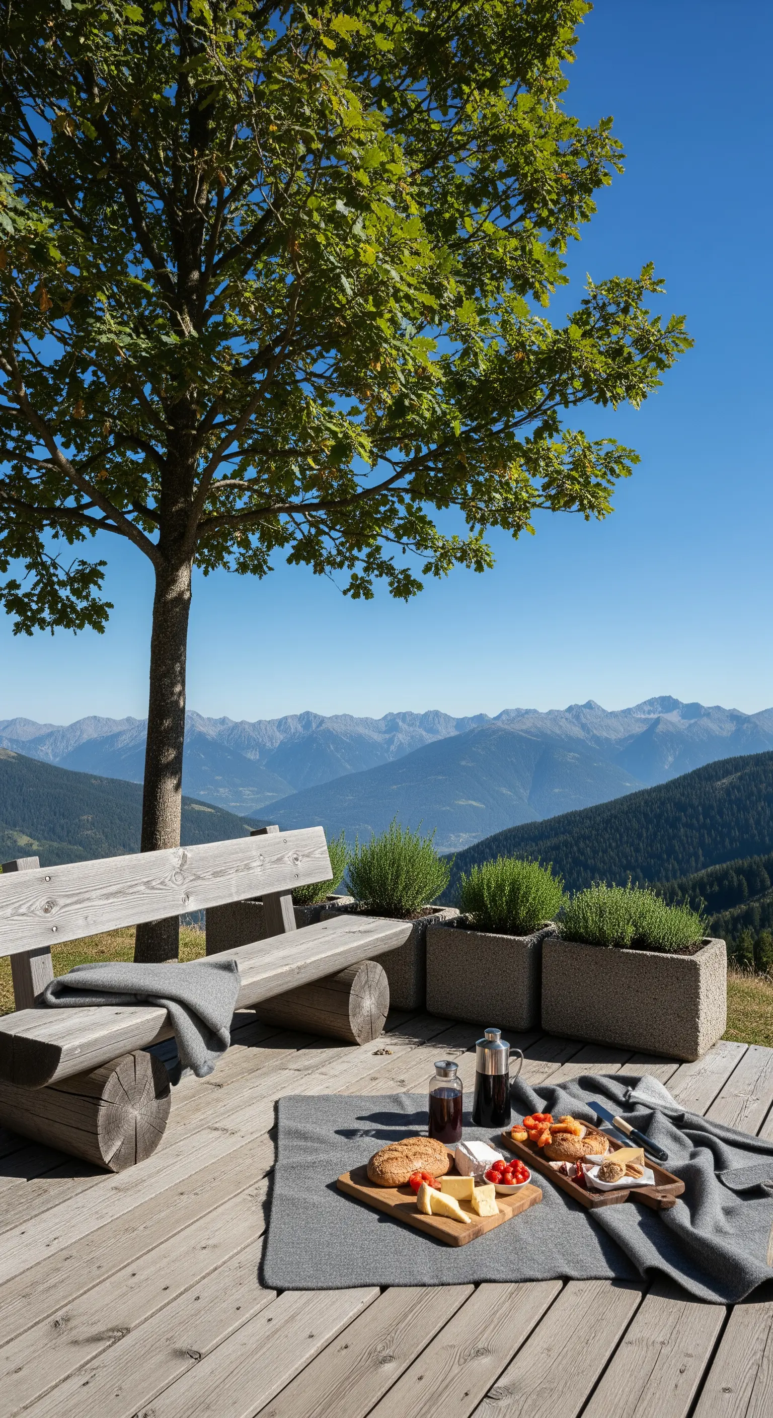 Colazione su una terrazza in legno con panca rustica e vista sulle montagne.