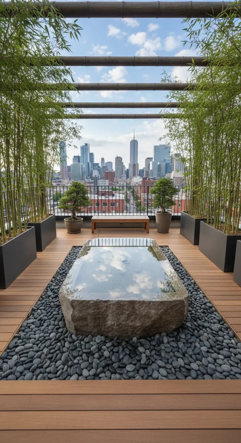 Terrazza panoramica con vasca d'acqua in pietra, ciottoli neri e piante di bambù.