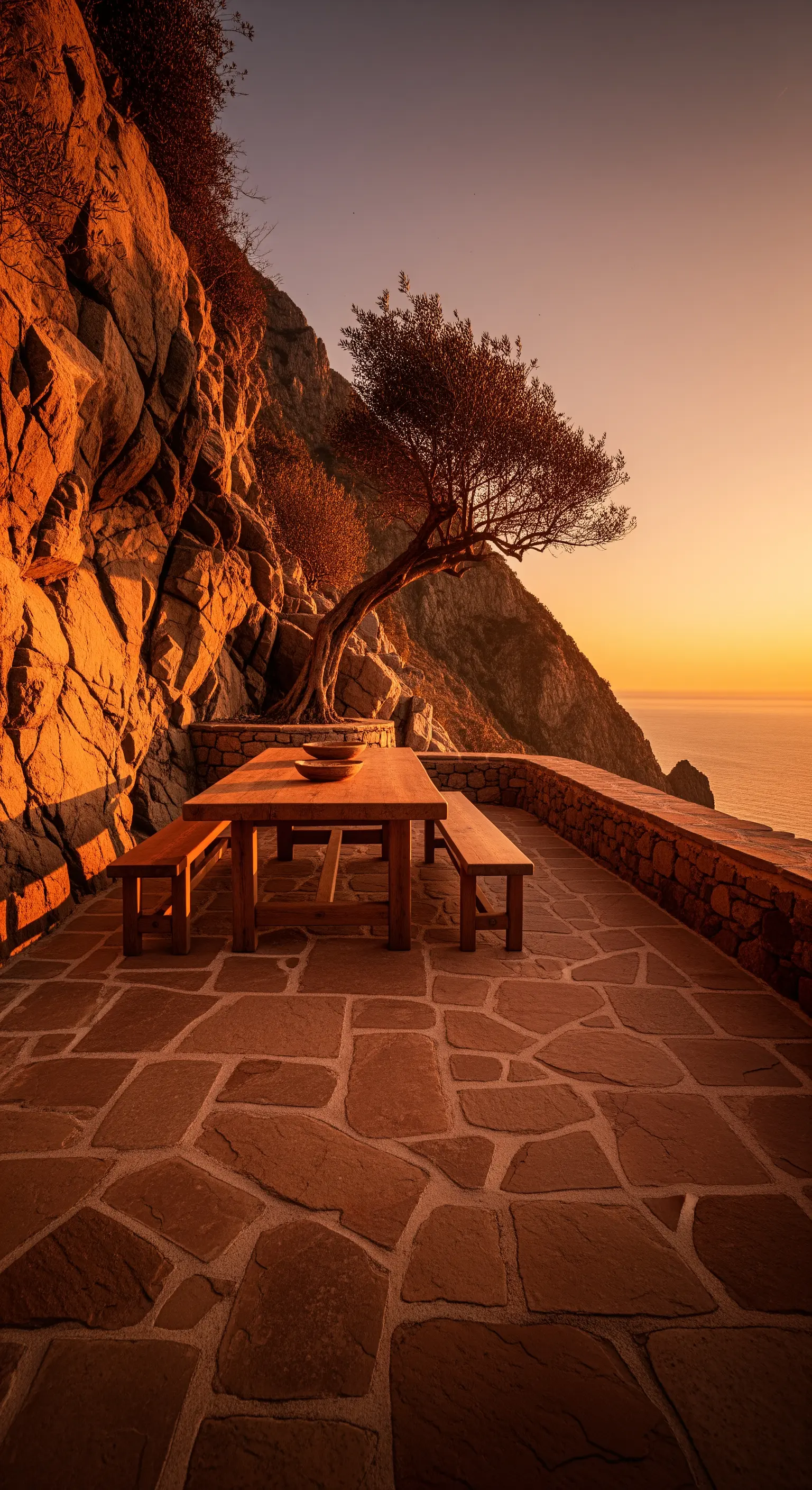 Terrazza in pietra con tavolo da picnic in legno affacciata sul mare al tramonto.