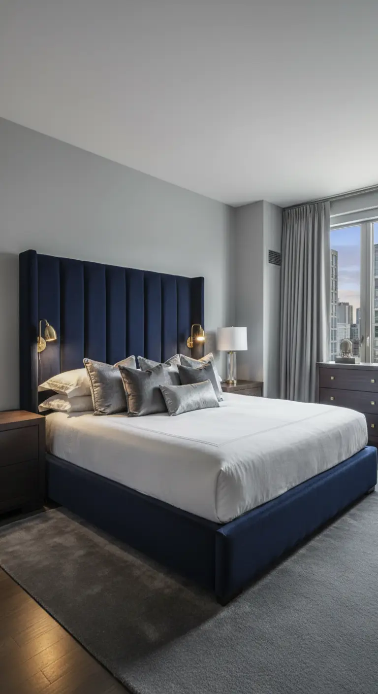 Letto con alta testiera capitonné in velluto blu notte in una camera da letto grigia.