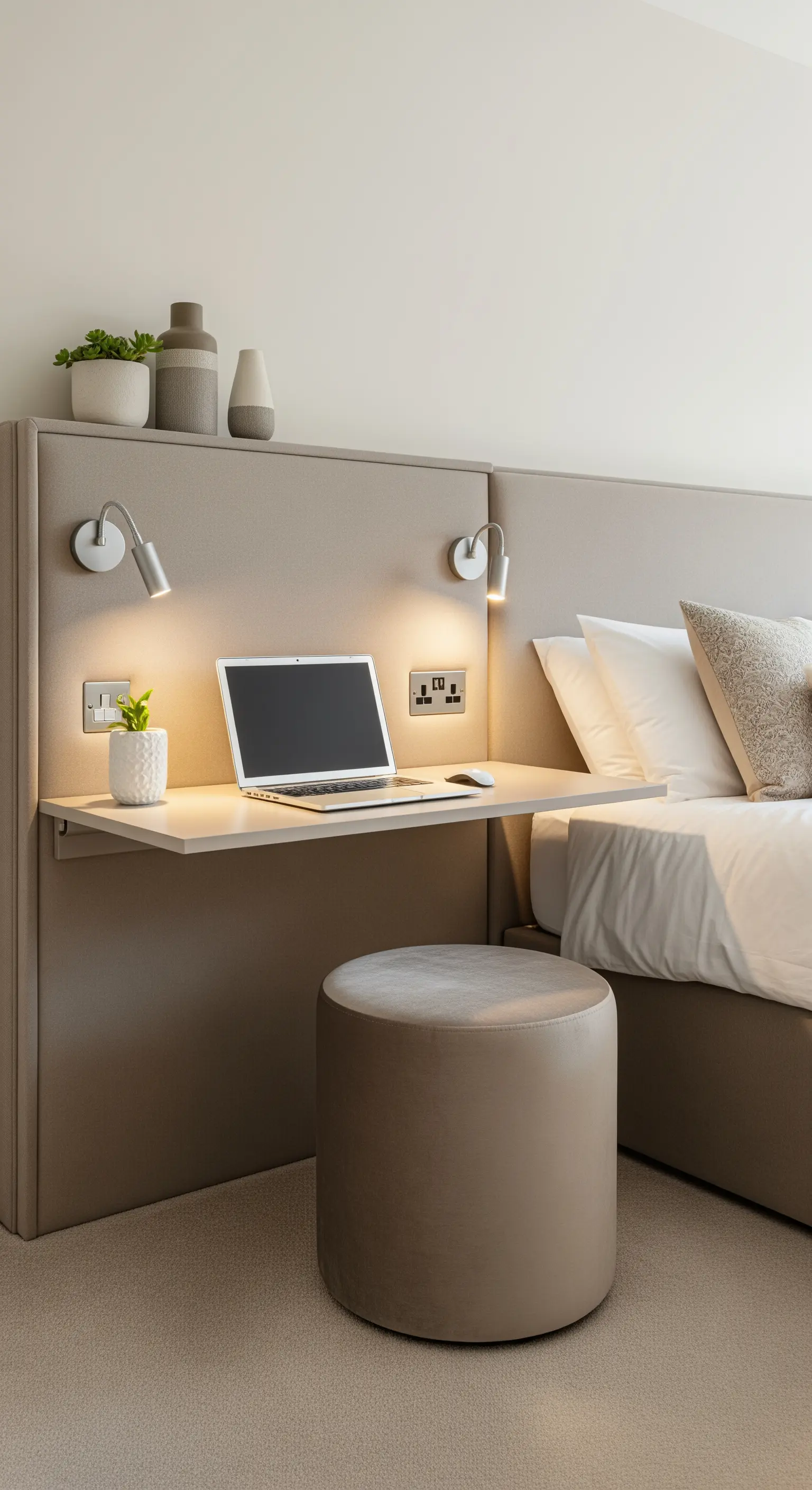 Piccola scrivania a ribalta integrata nella testiera imbottita di un letto.