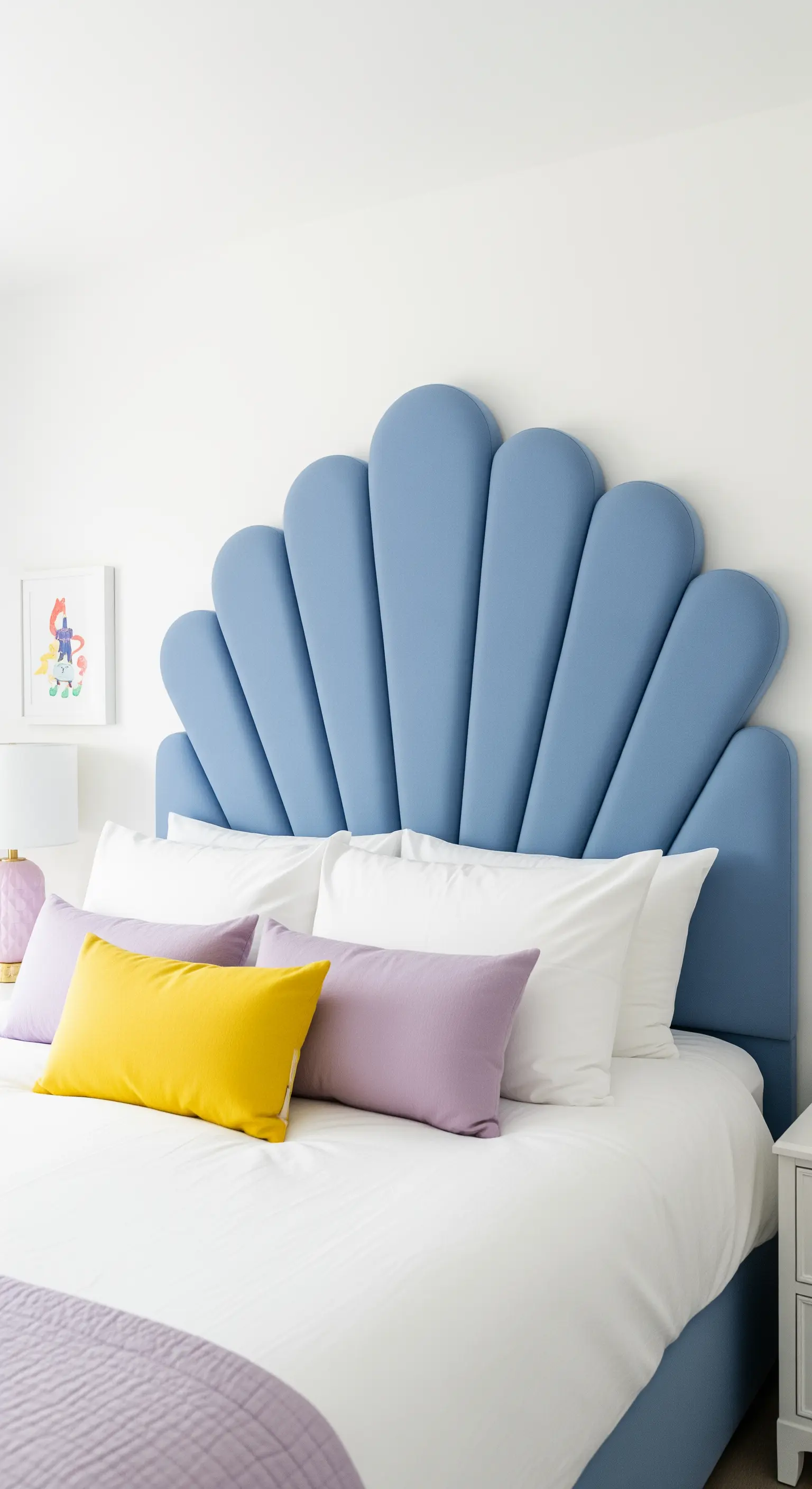 Testiera imbottita a forma di conchiglia di colore azzurro polvere.