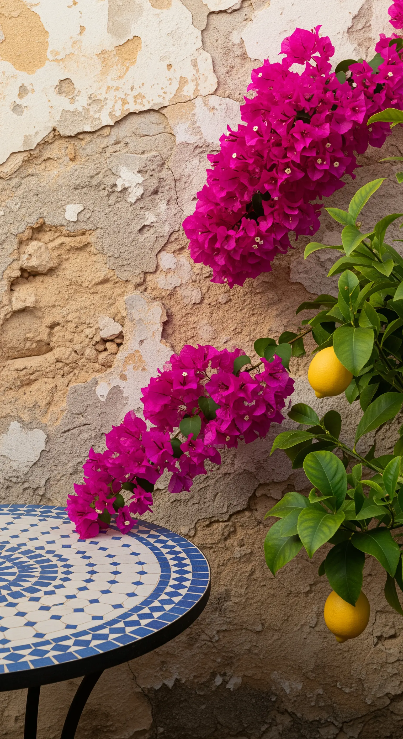 Dettaglio di un tavolo in mosaico blu e bianco accanto a un ramo di limone e bouganville.