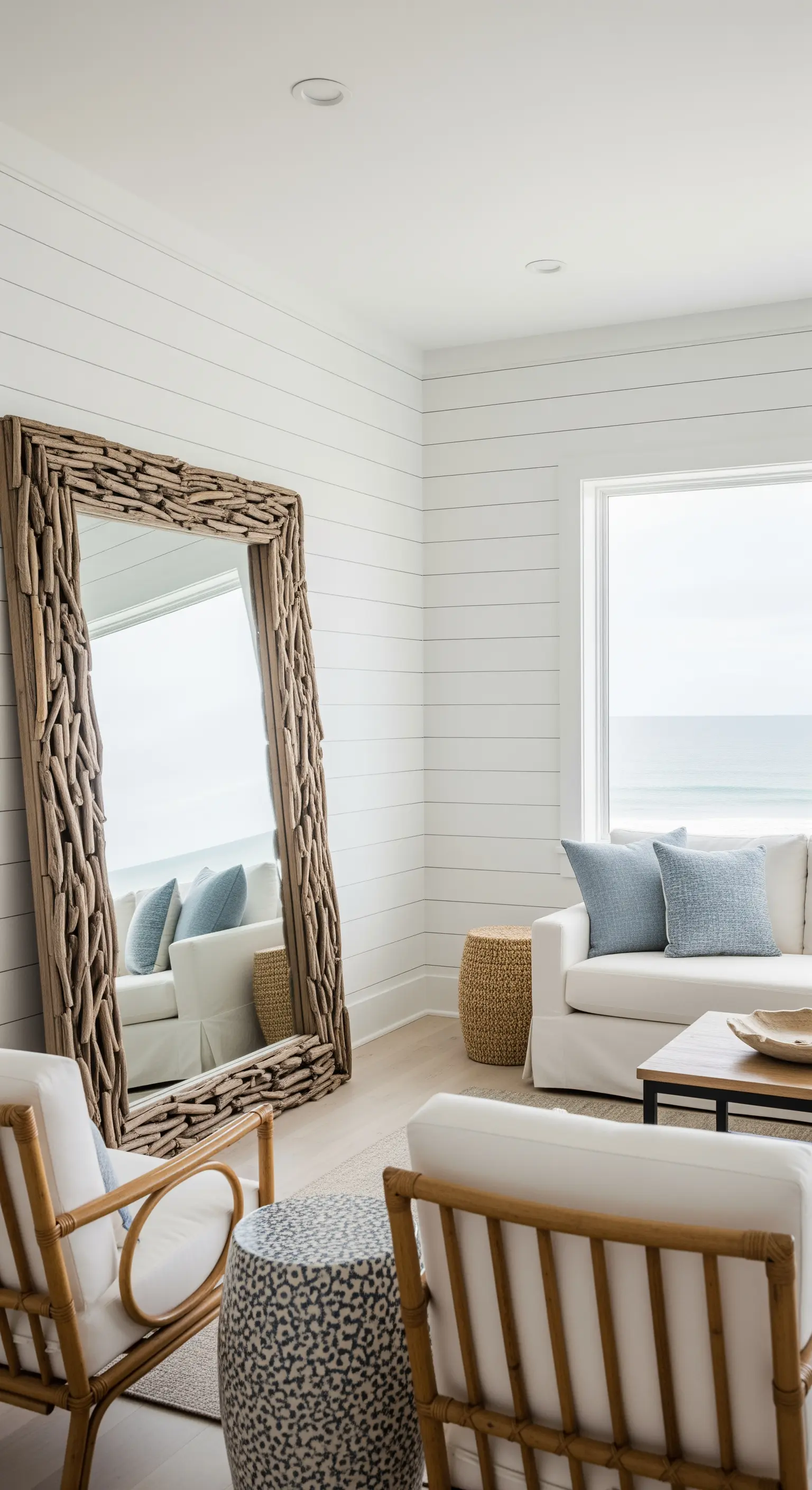 Specchio a figura intera con una spessa cornice in legno di recupero in un soggiorno costiero.