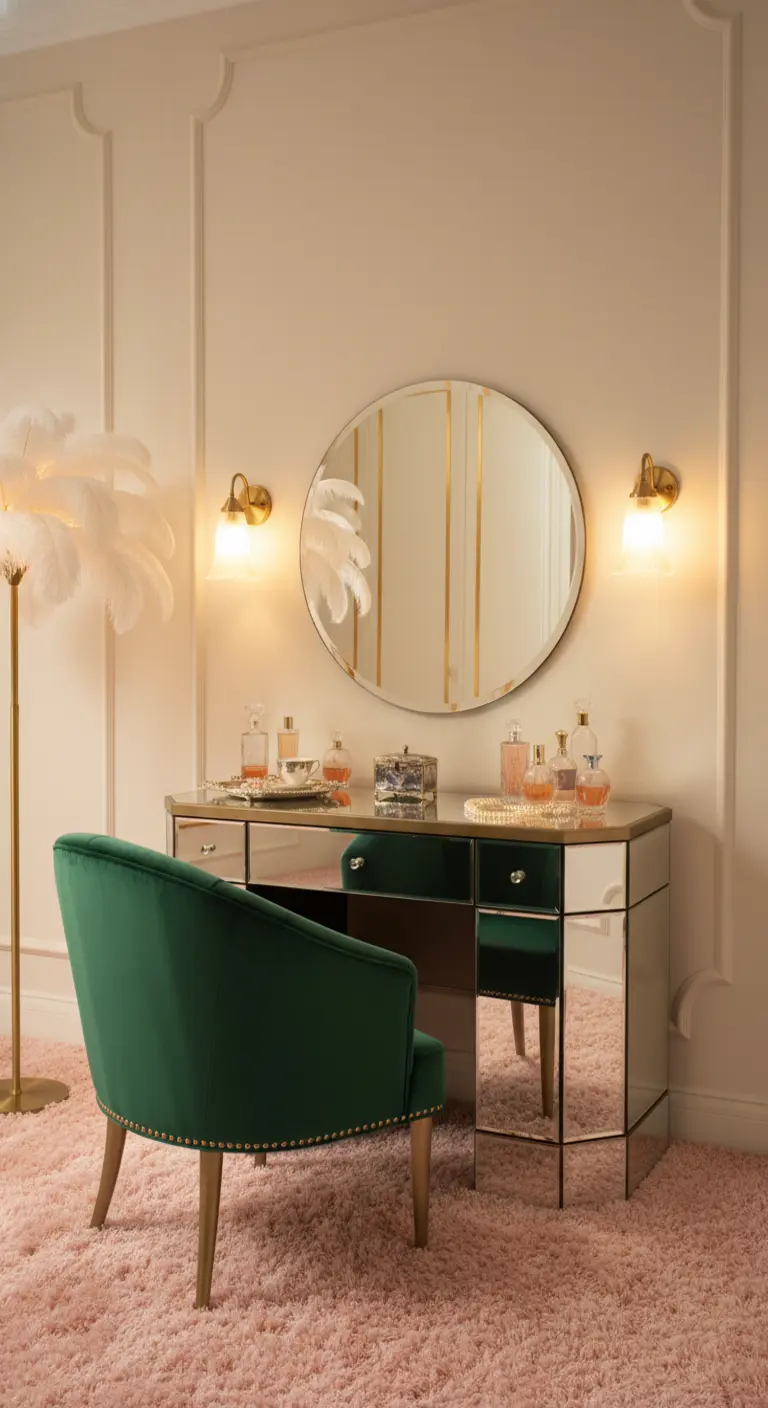 Angolo toeletta con mobile a specchio, sedia in velluto verde e applique dorate.