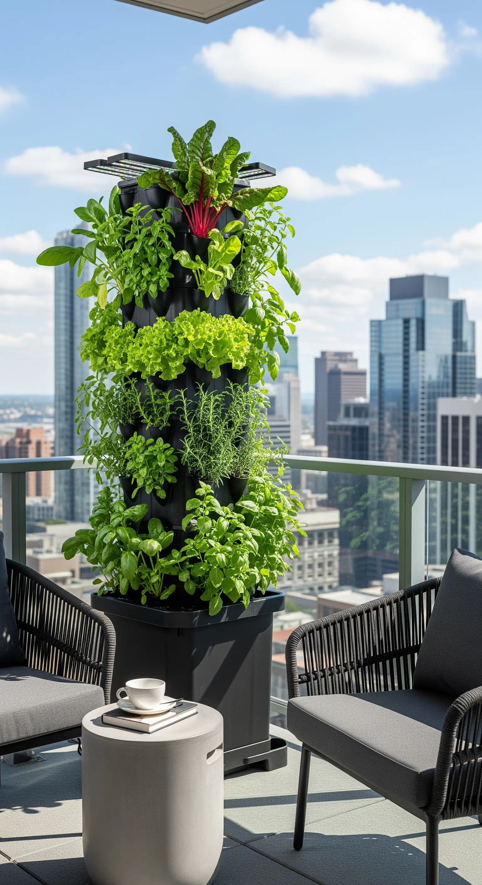 Giardino verticale a torre con diversi tipi di piante e ortaggi su un terrazzo panoramico.
