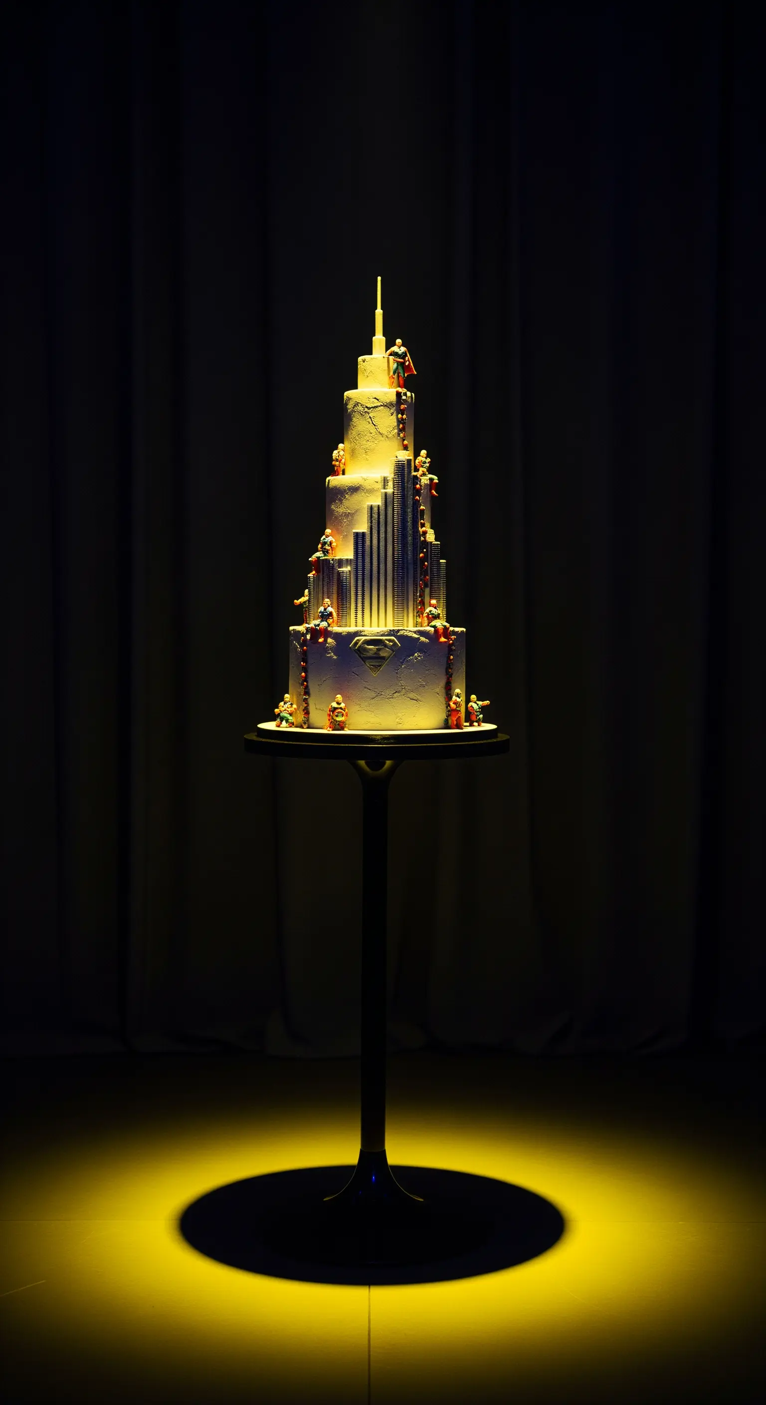 Torta a forma di grattacielo illuminata da un singolo faretto in una stanza buia.