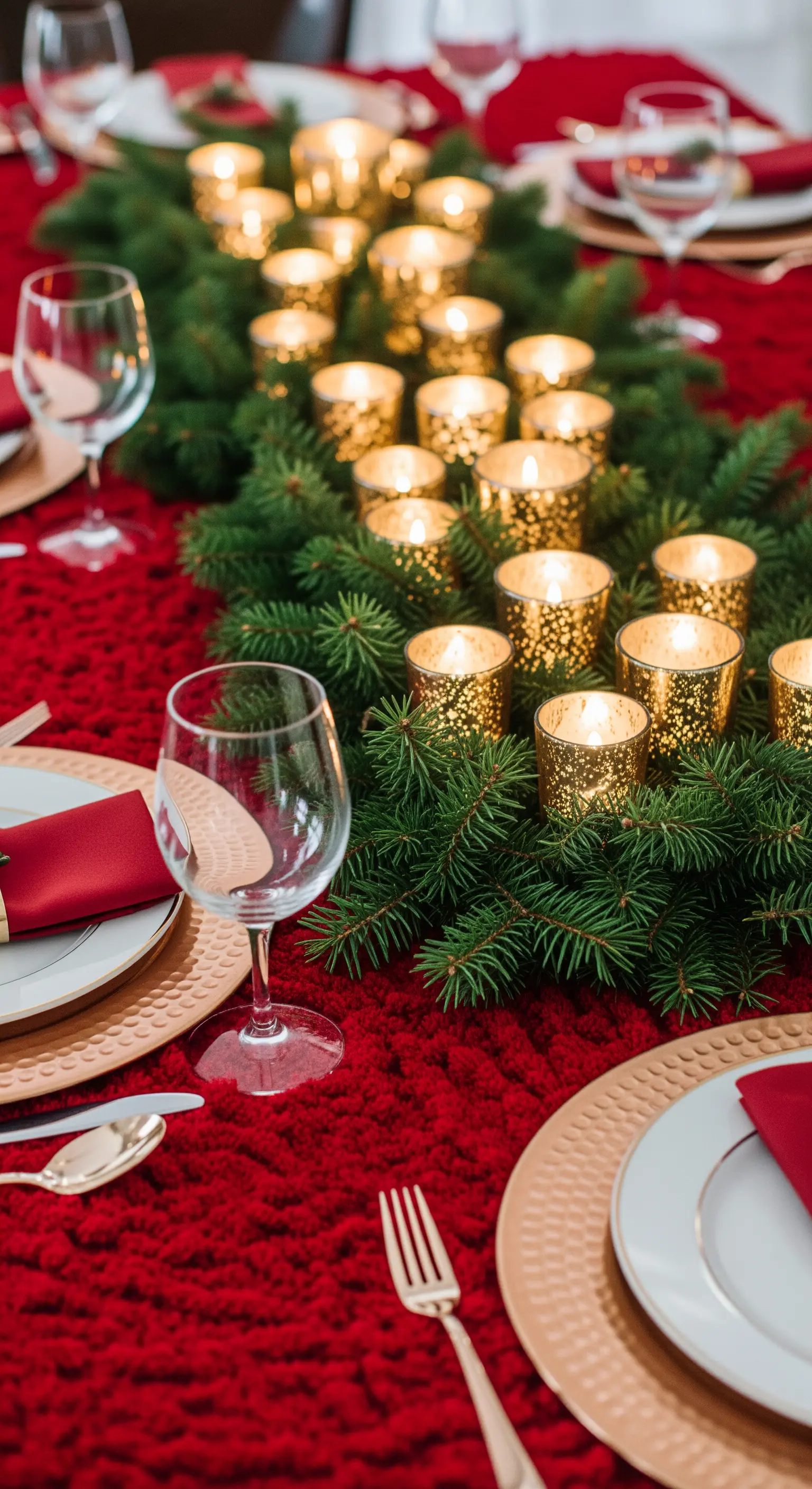 Tovaglia rossa testurizzata con runner di pino e portacandele dorati.