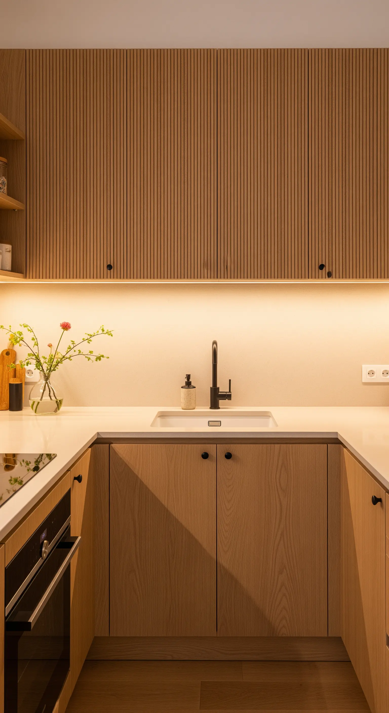 Dettaglio di pensili in legno cannettato illuminati da una luce LED calda dal basso.