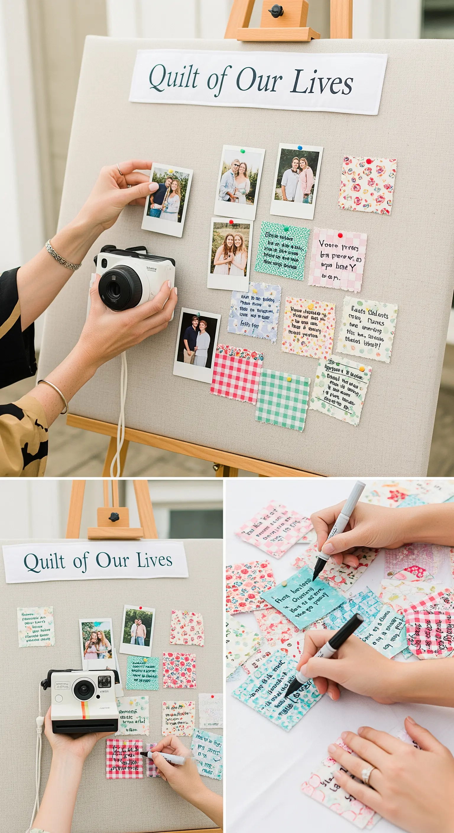 Bacheca in lino con polaroid e ritagli di stoffa colorata su cui gli ospiti scrivono messaggi.