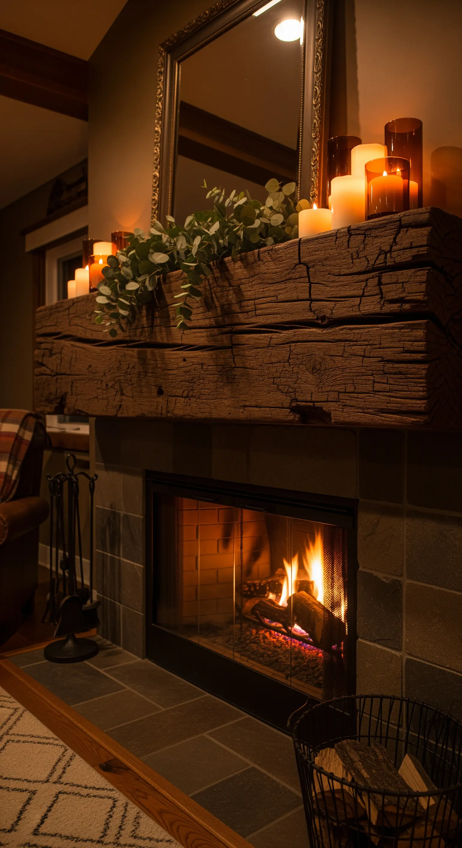 Mensola del camino realizzata con una spessa trave di legno di recupero e decorata con candele.