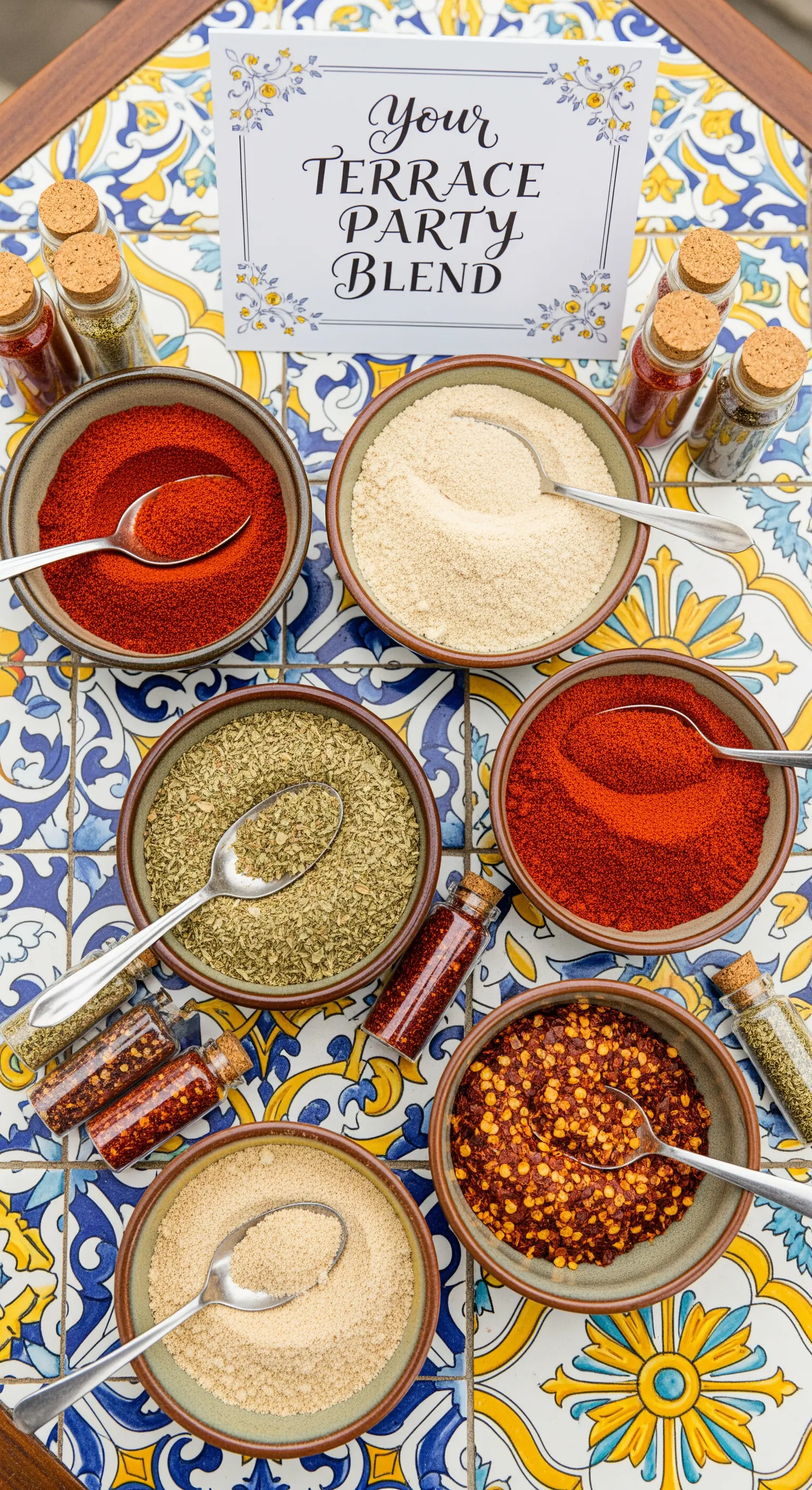 Bar delle spezie con ciotole di paprika, origano e peperoncino