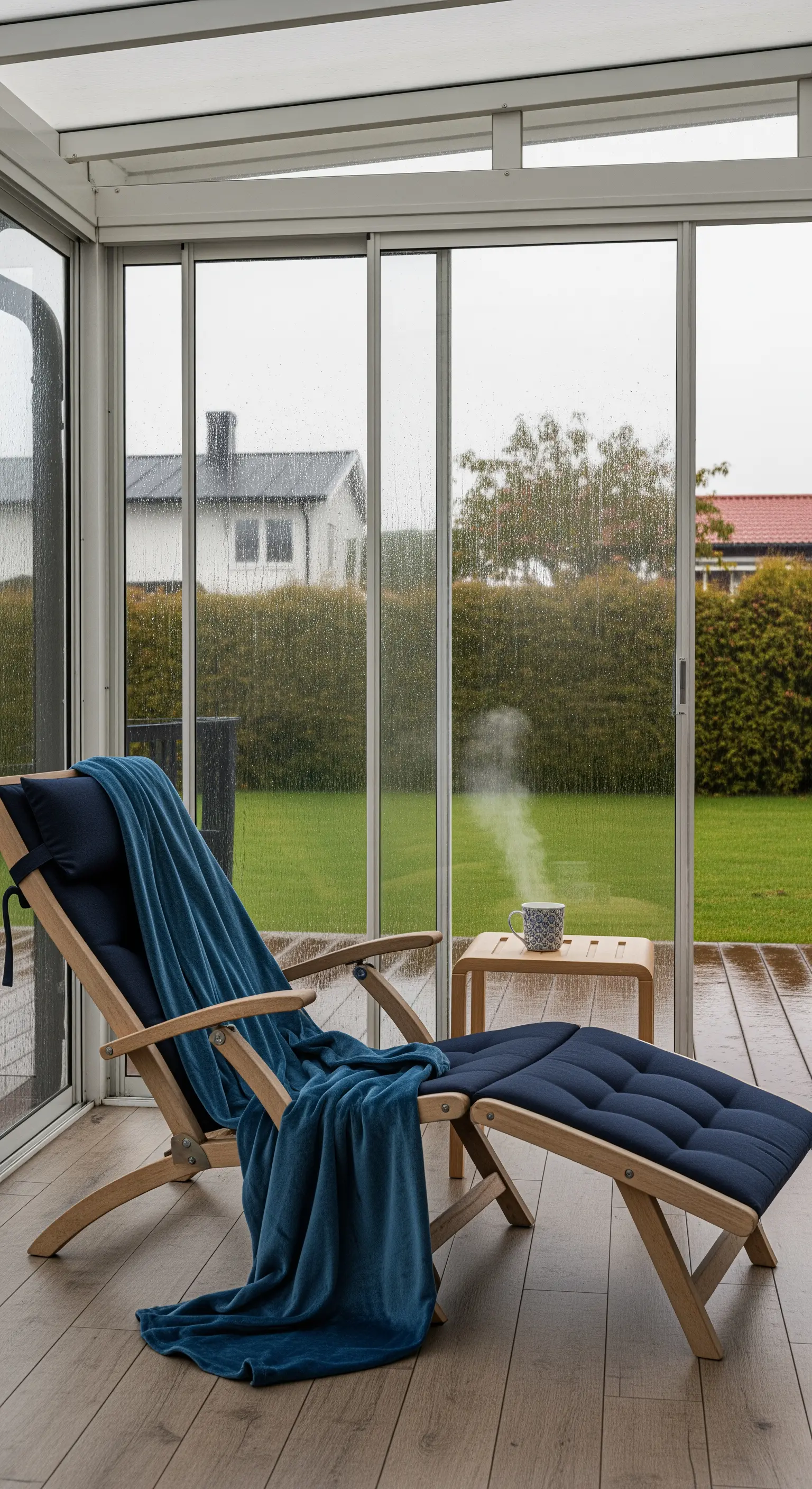 Veranda vetrata con una chaise longue in legno e tessuto blu, con vista sul giardino.