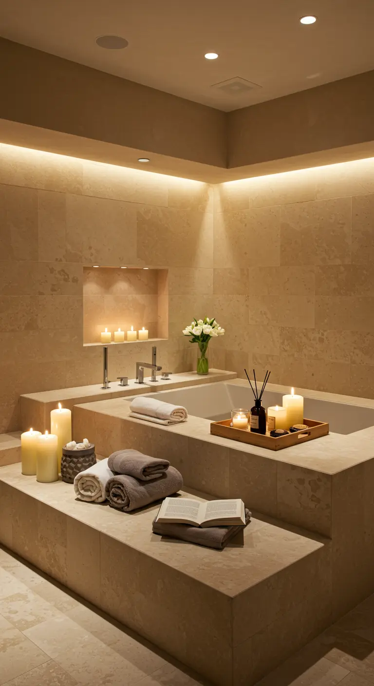 Vasca incassata in una struttura a gradoni in travertino, con asciugamani e candele.