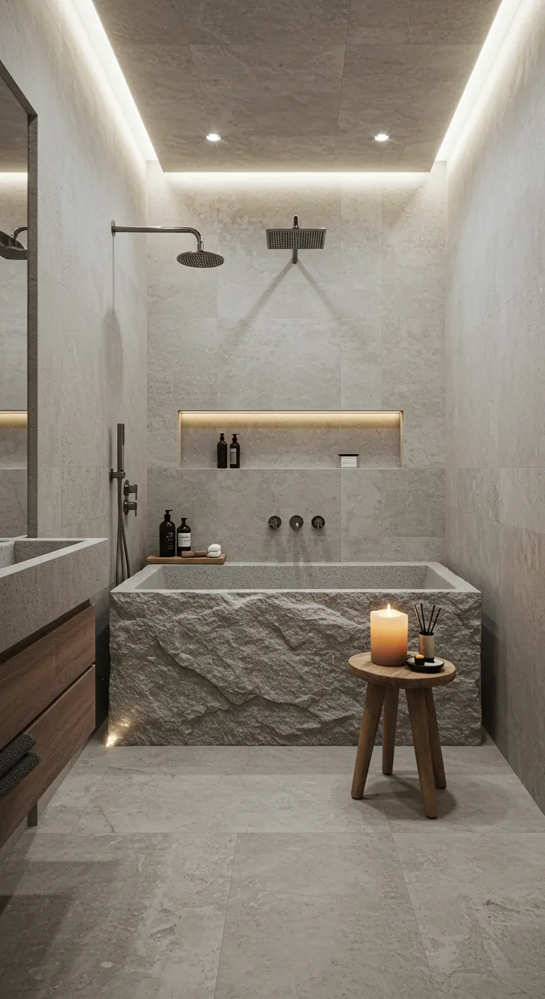 Vasca da bagno rettangolare rivestita in pietra grezza in un bagno minimalista.