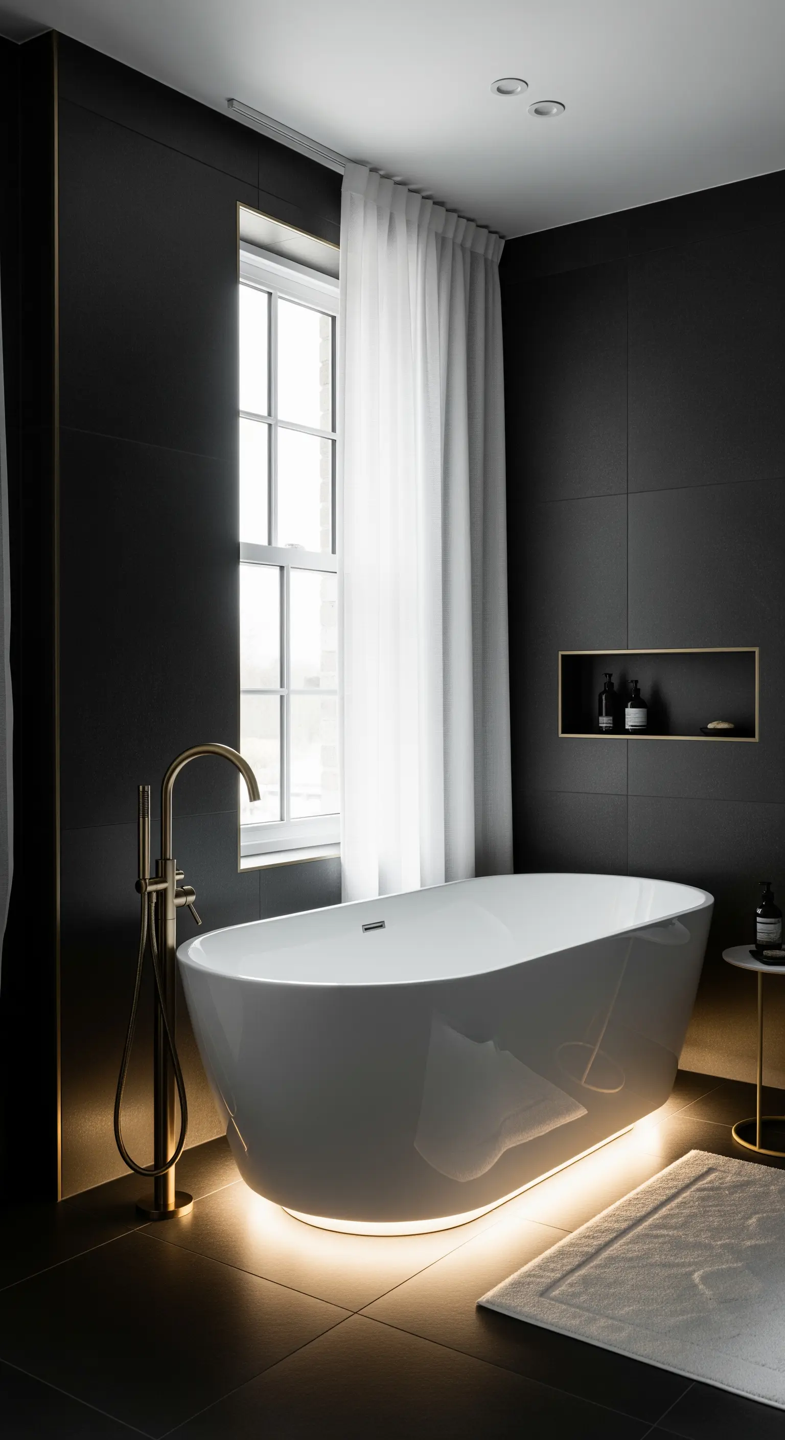 Vasca freestanding illuminata dal basso in un bagno con piastrelle nere e rubinetteria dorata.