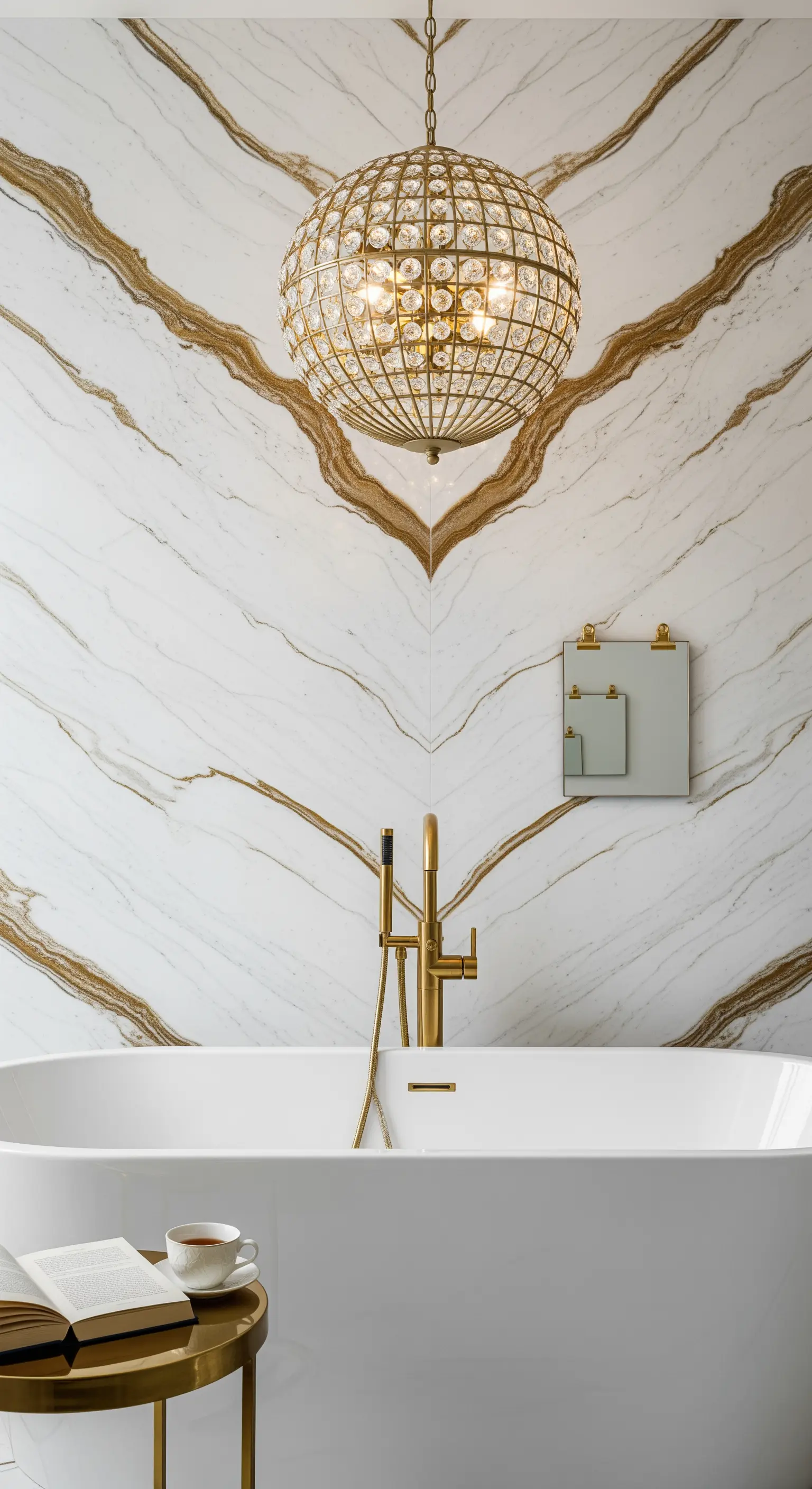 Vasca freestanding davanti a una parete di marmo a macchia aperta, con un lampadario sferico dorato.