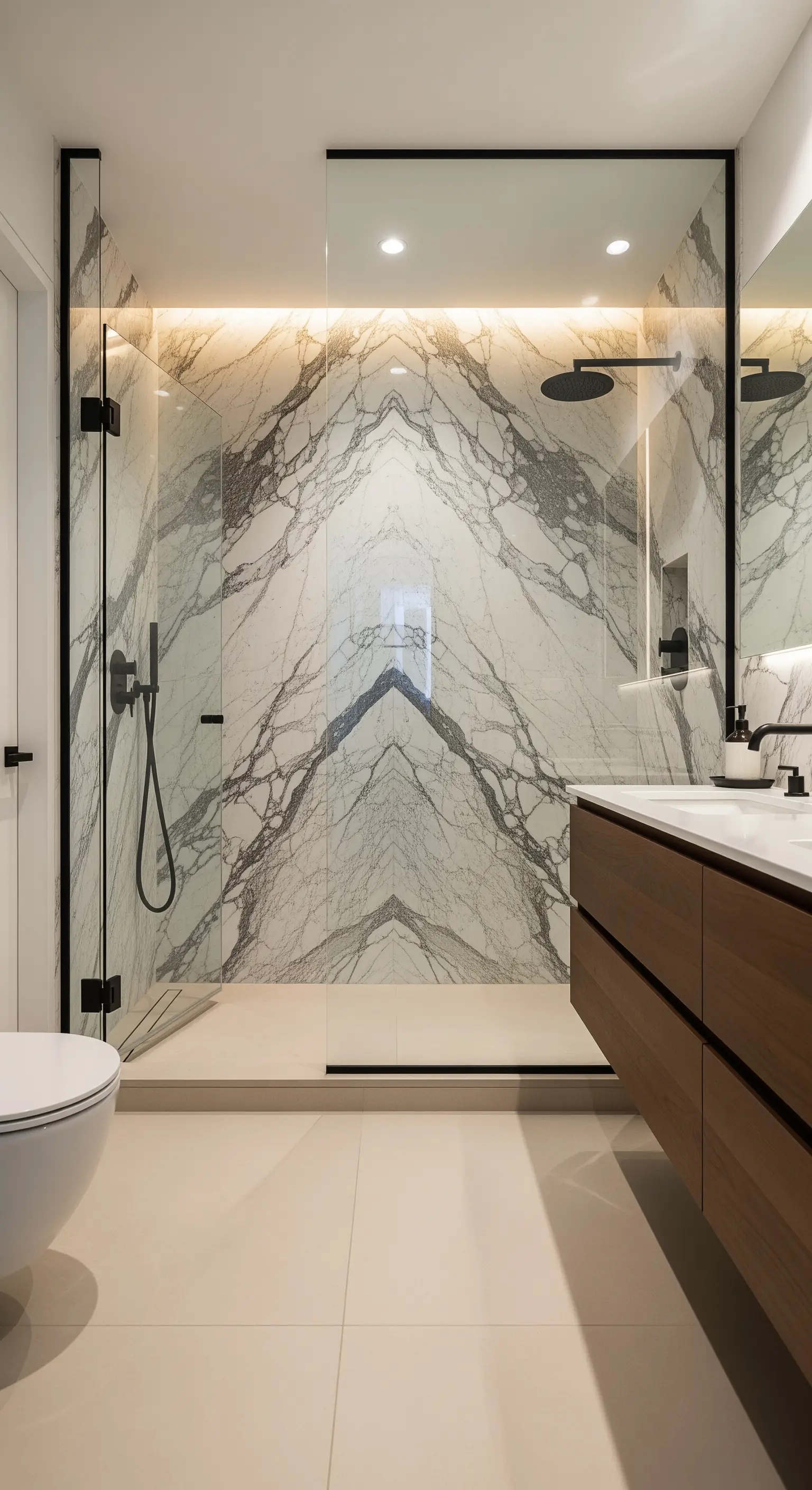 Doccia walk-in con parete in marmo a macchia aperta e rubinetteria nera.