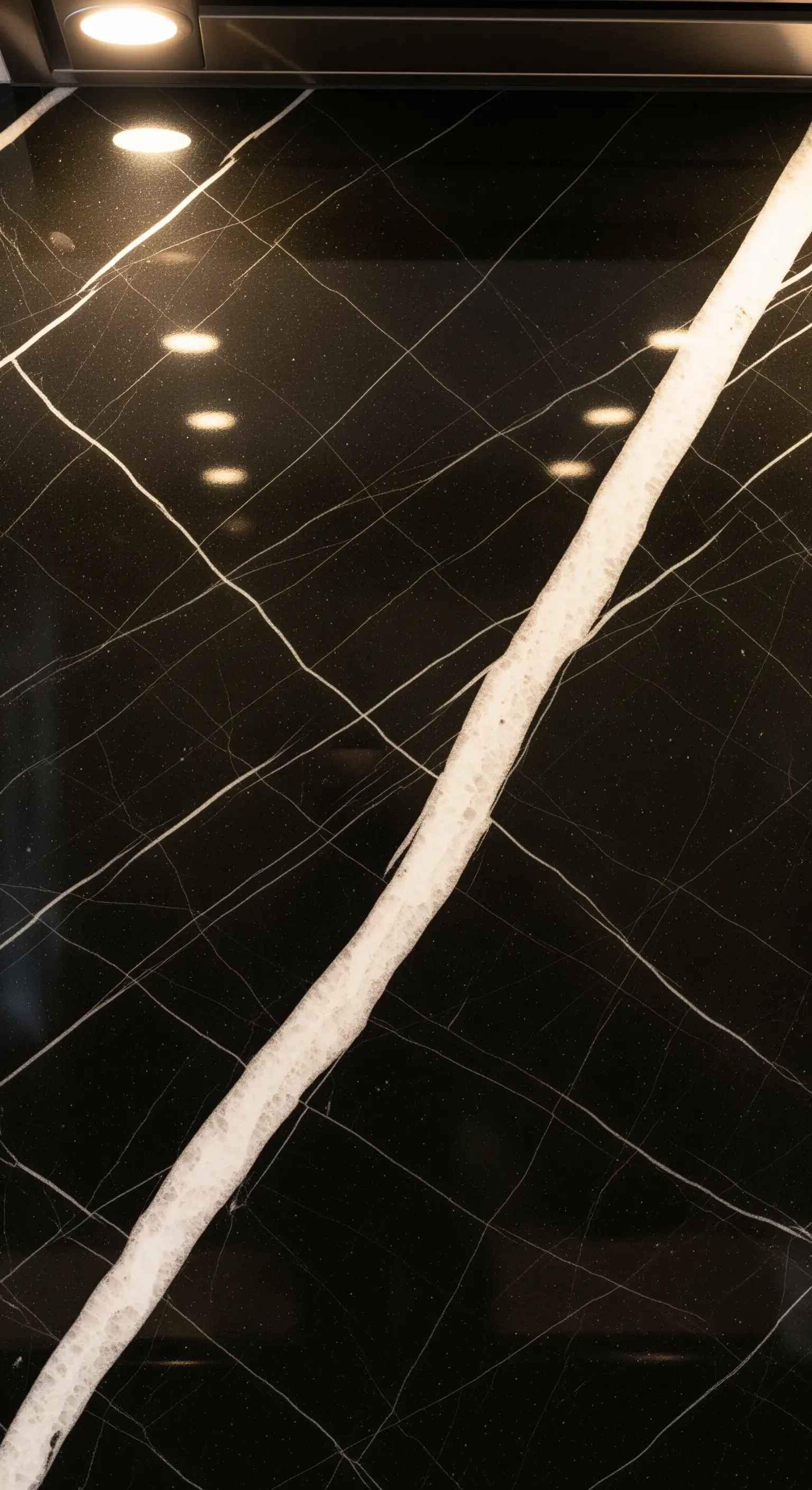 Dettaglio di una lastra di marmo nero con una spessa vena bianca cristallina.