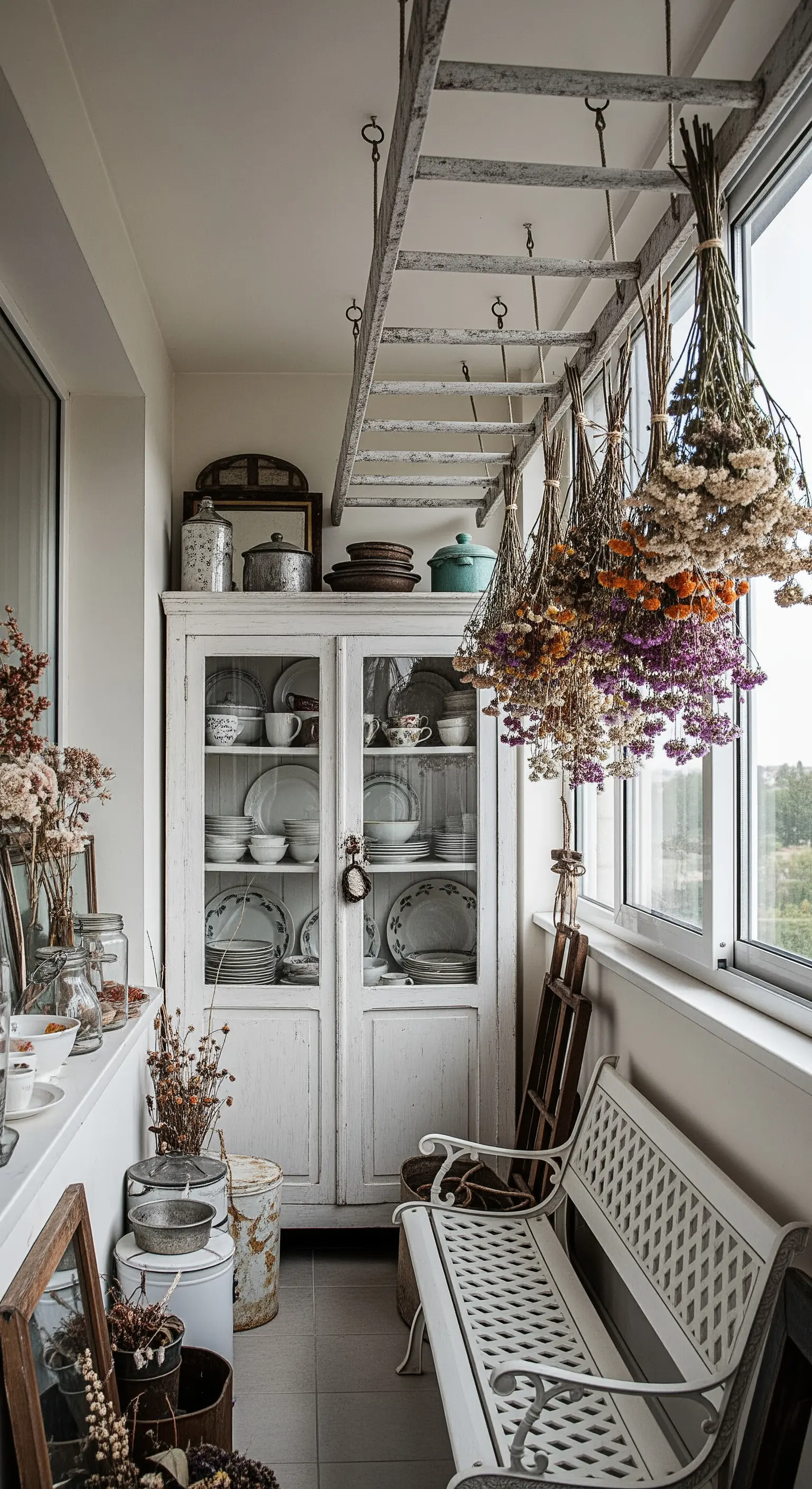 Balcone chiuso con credenza bianca, panca e una scala appesa al soffitto con fiori secchi.