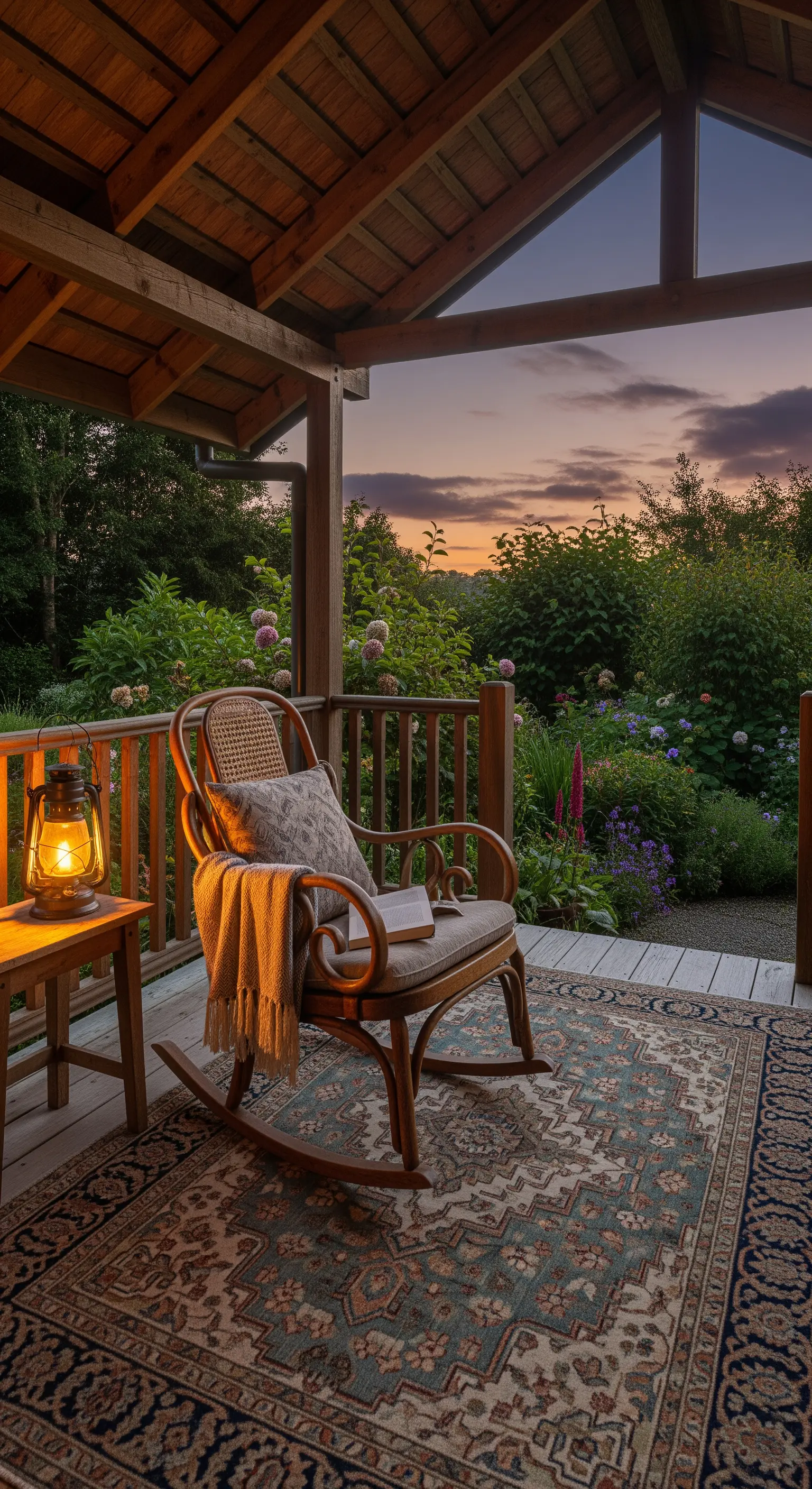 Sedia a dondolo in vimini su una veranda in legno al tramonto, con una lanterna accesa.