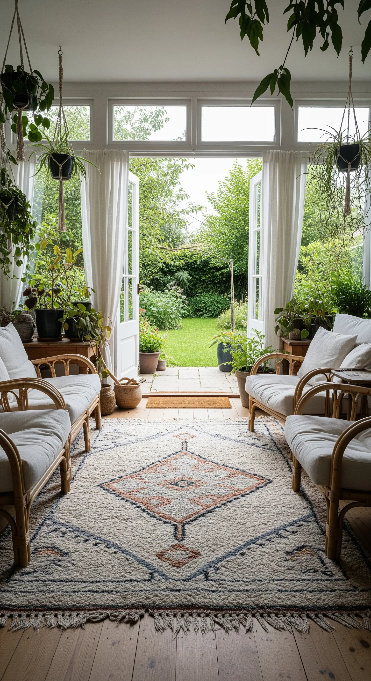 Veranda luminosa con divani in rattan, tappeto etnico e porte aperte sul giardino.