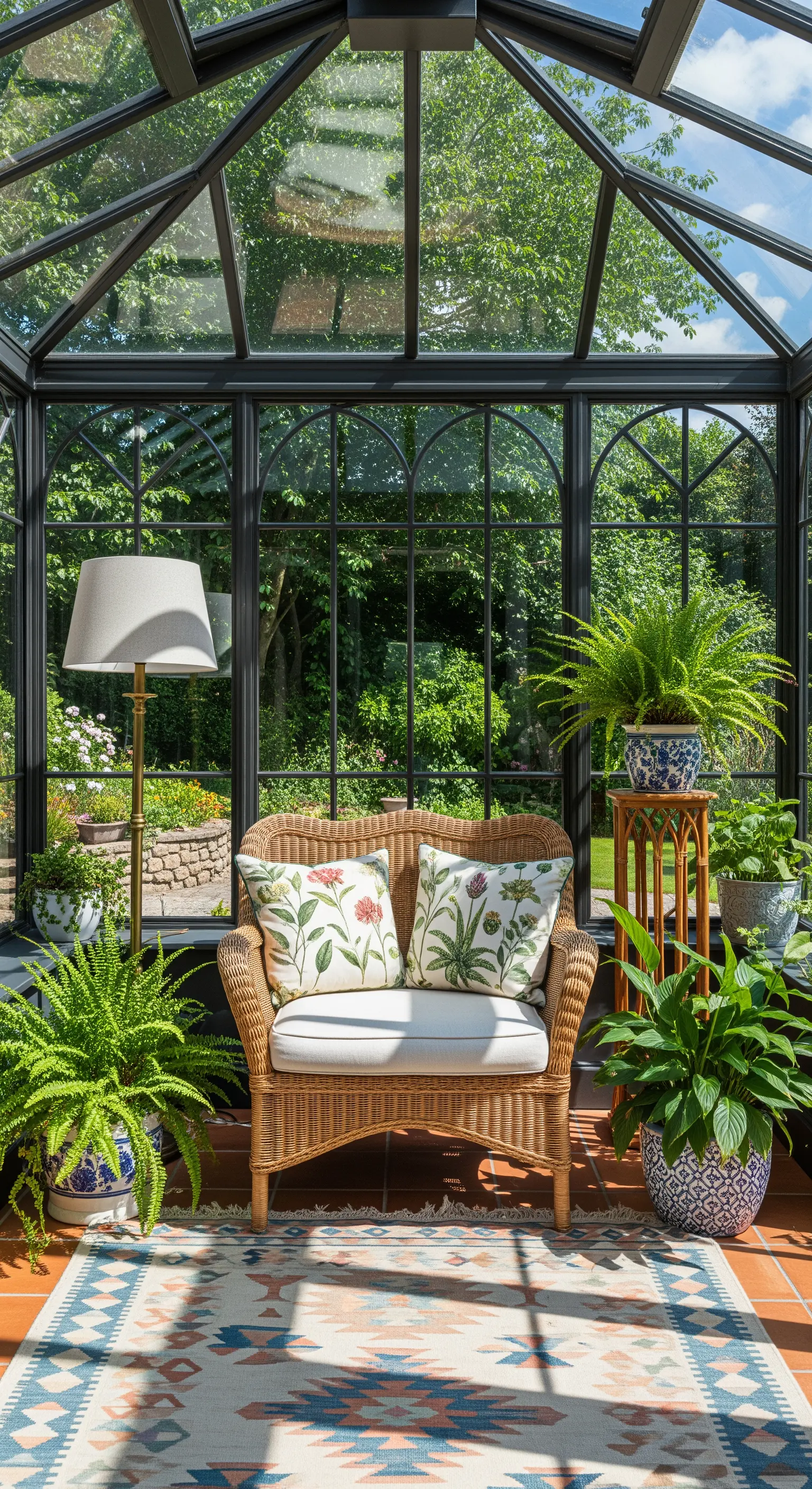 Divanetto in vimini in una veranda vetrata, circondato da felci e piante in vaso su un tappeto kilim.