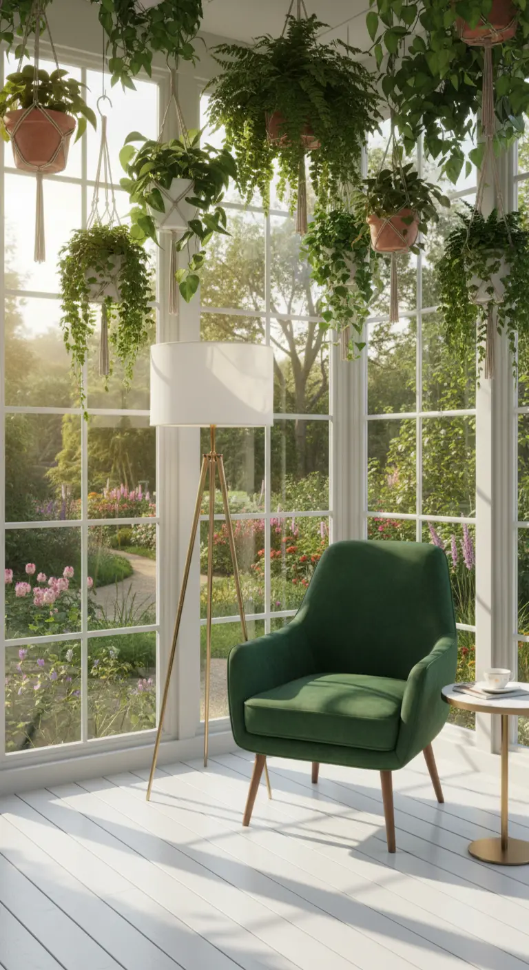 Poltrona in velluto verde in una veranda luminosa con piante sospese e vista sul giardino.