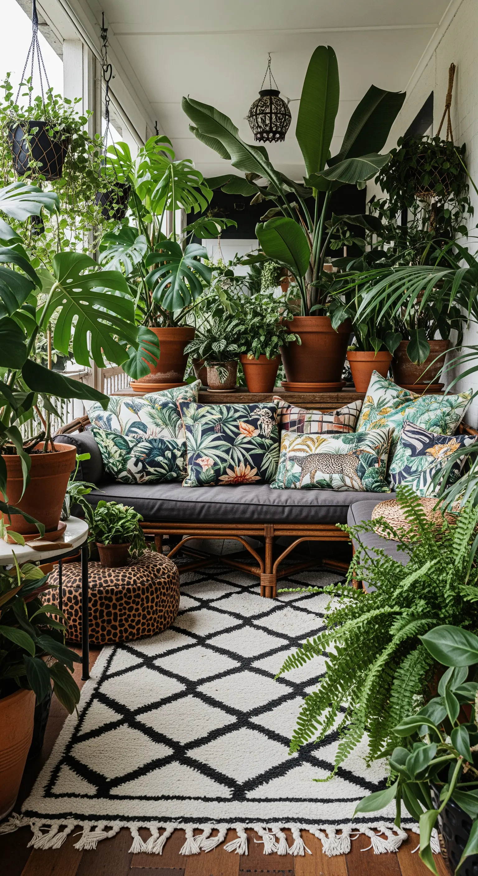 Veranda piena di piante tropicali, con divano in rattan, cuscini a tema giungla e tappeto berbero.