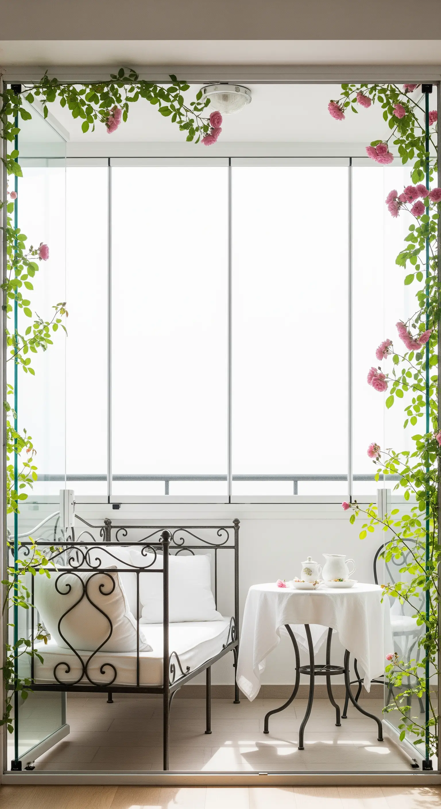 Veranda chiusa con vetrate, arredata con un lettino in ferro battuto e un tavolino