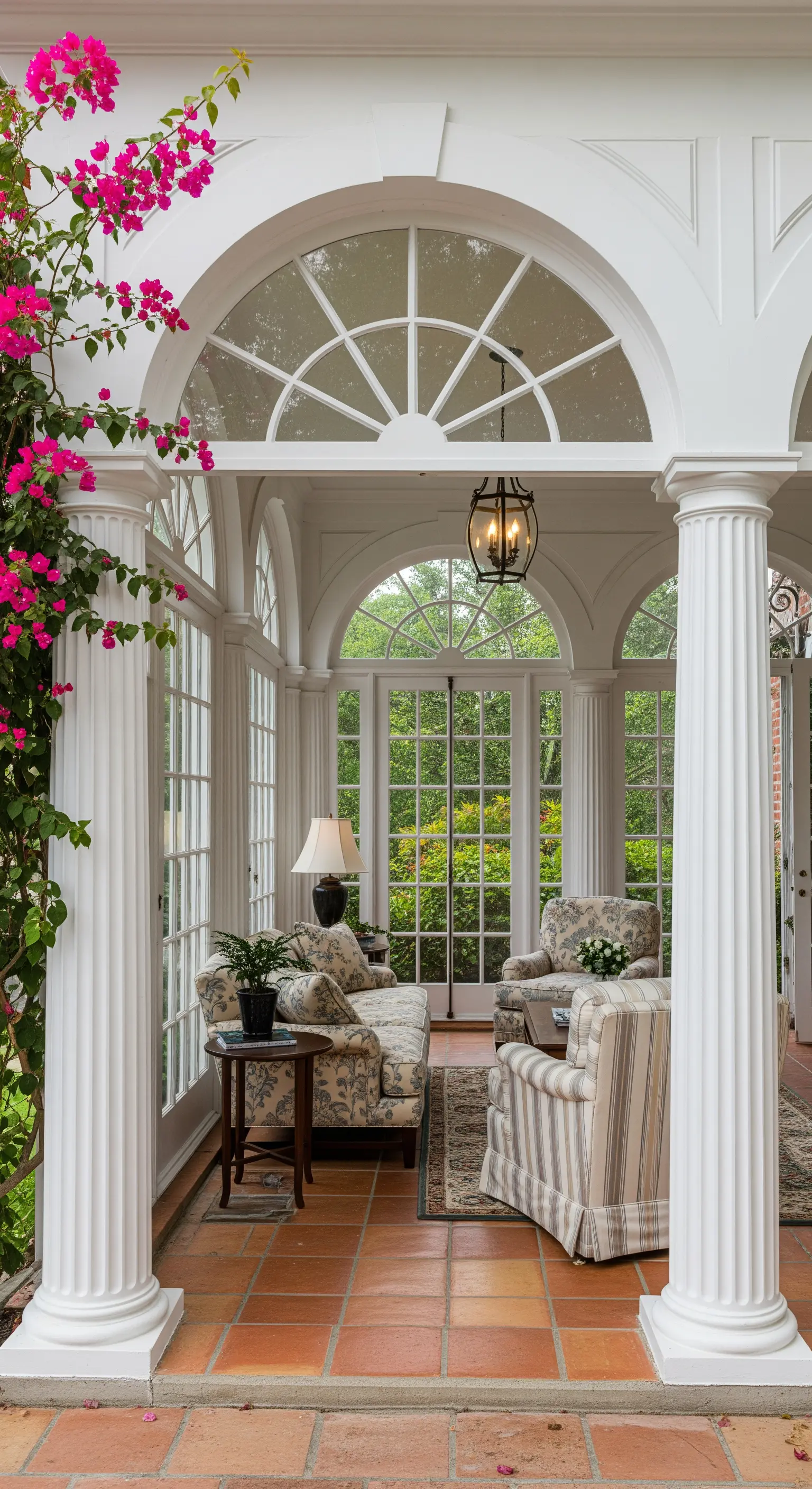Veranda chiusa da vetrate ad arco con arredi da salotto e vista sul giardino