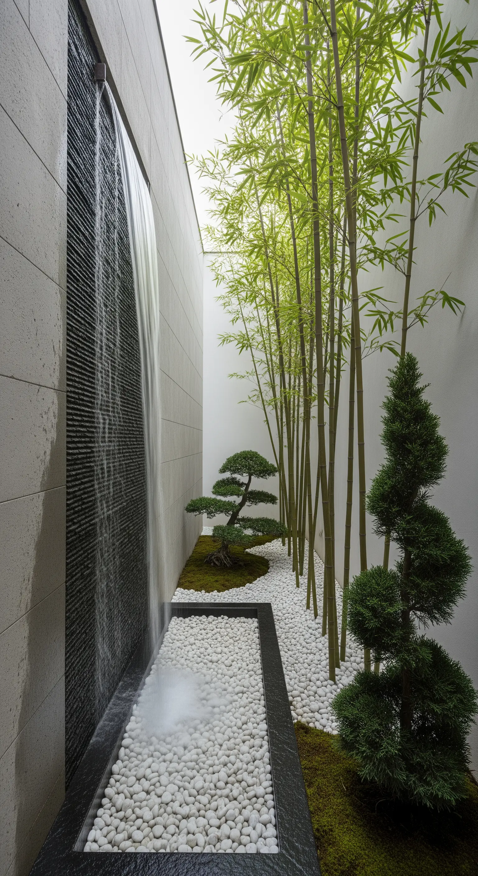Corridoio esterno con cascata a parete, bambù, ciottoli bianchi e piccoli bonsai