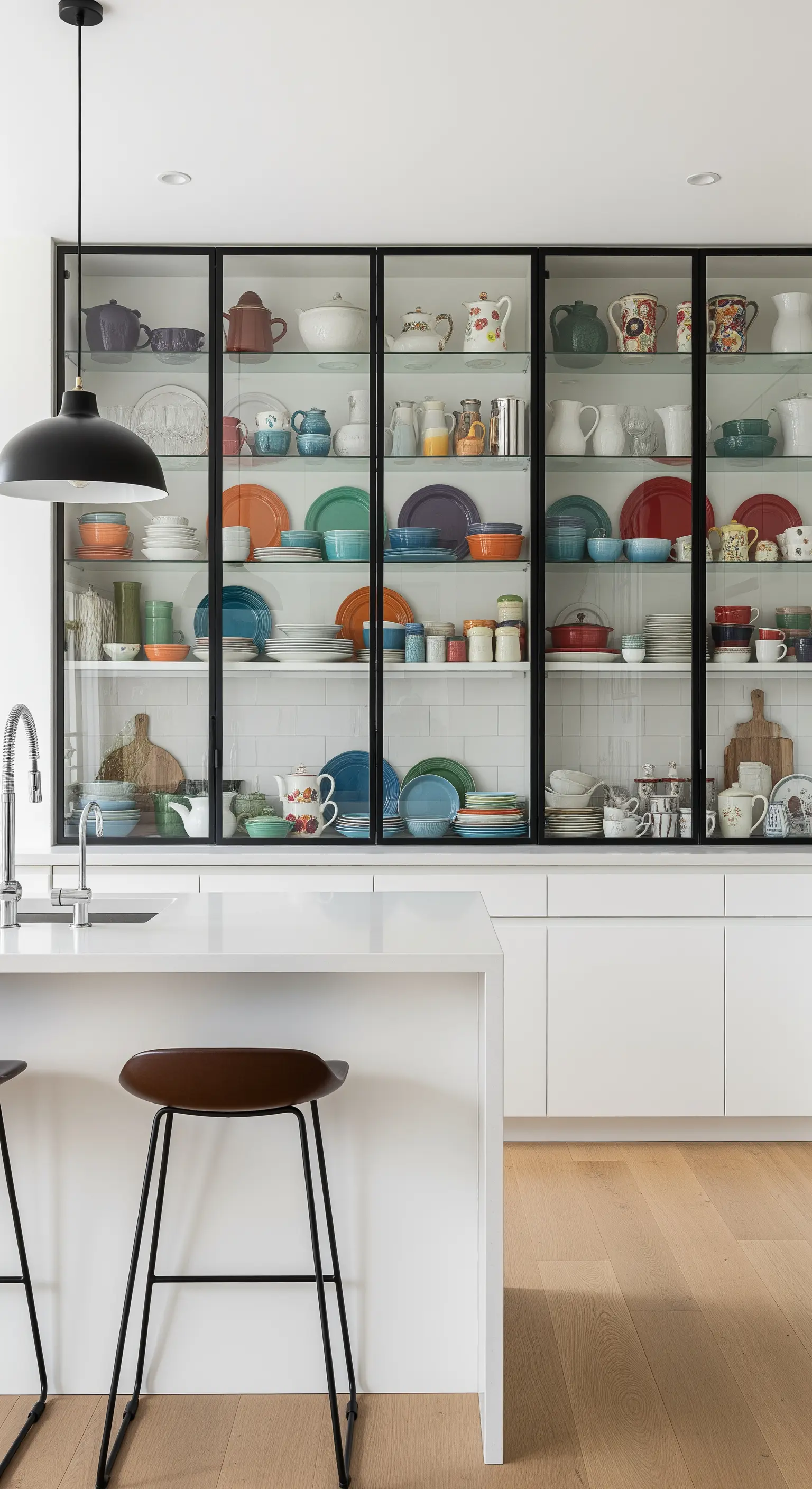 Grande vetrina a tutta altezza con struttura nera che espone una collezione di stoviglie colorate vintage.