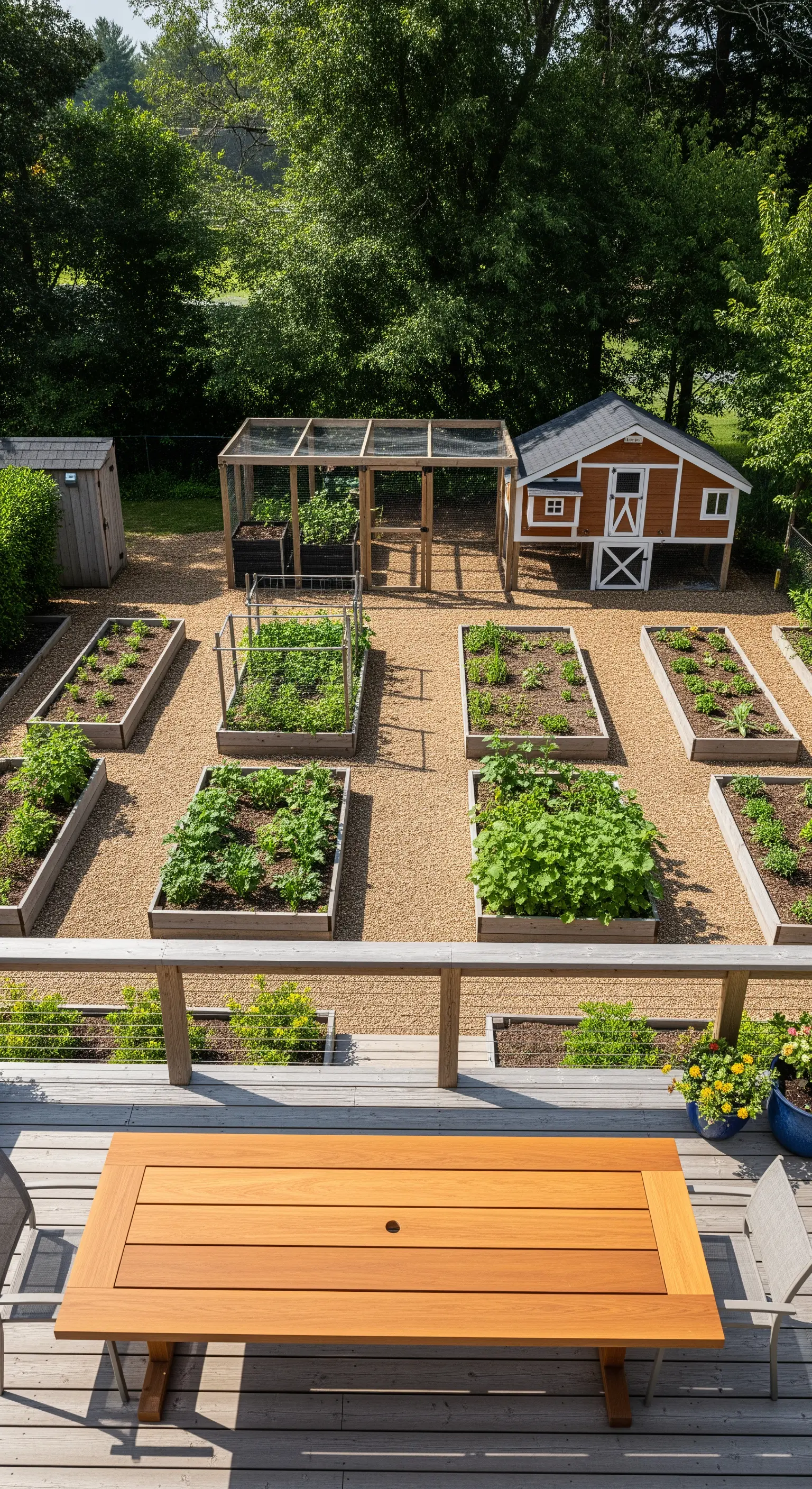 Vista dall'alto di un giardino con orti rialzati, pollaio e tavolo da pranzo.