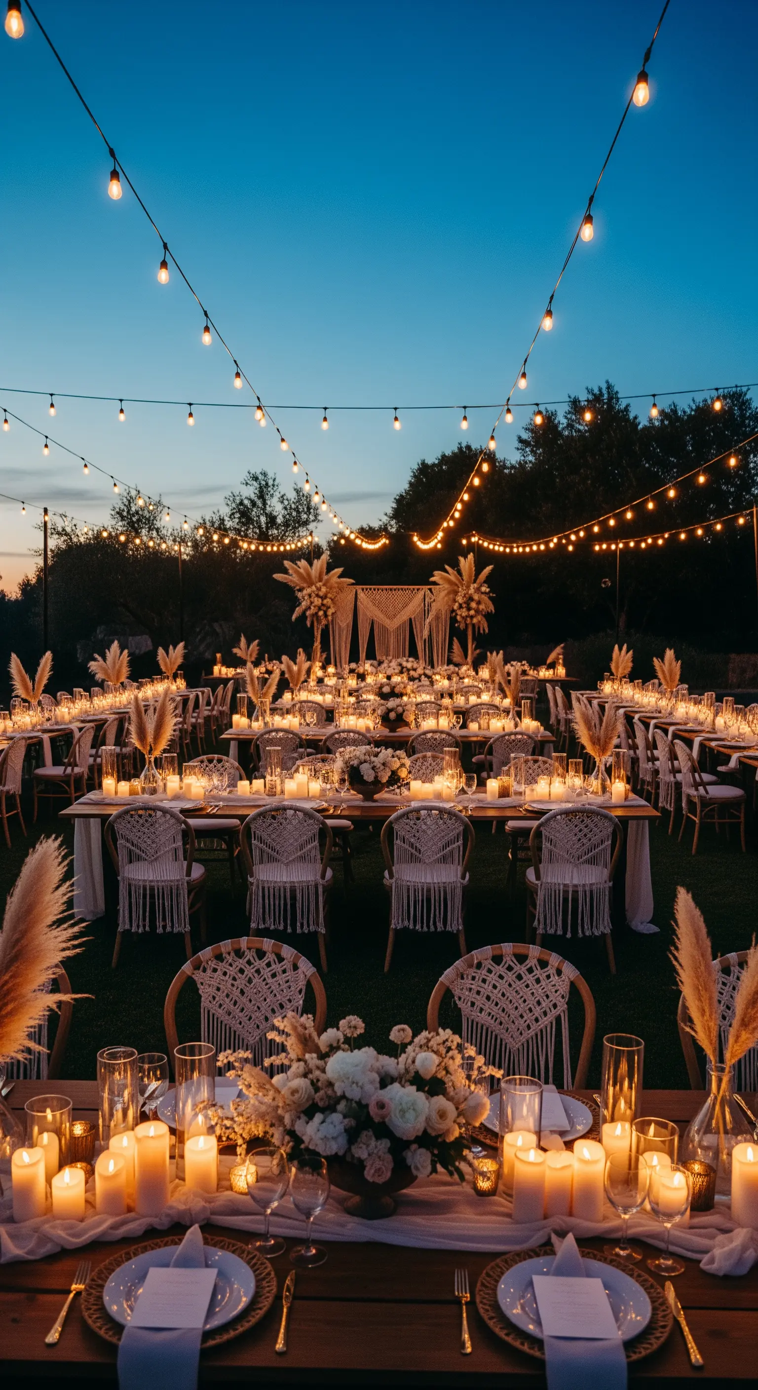 Vista serale di un ricevimento in giardino con tavoli illuminati da candele e luci a catenaria.