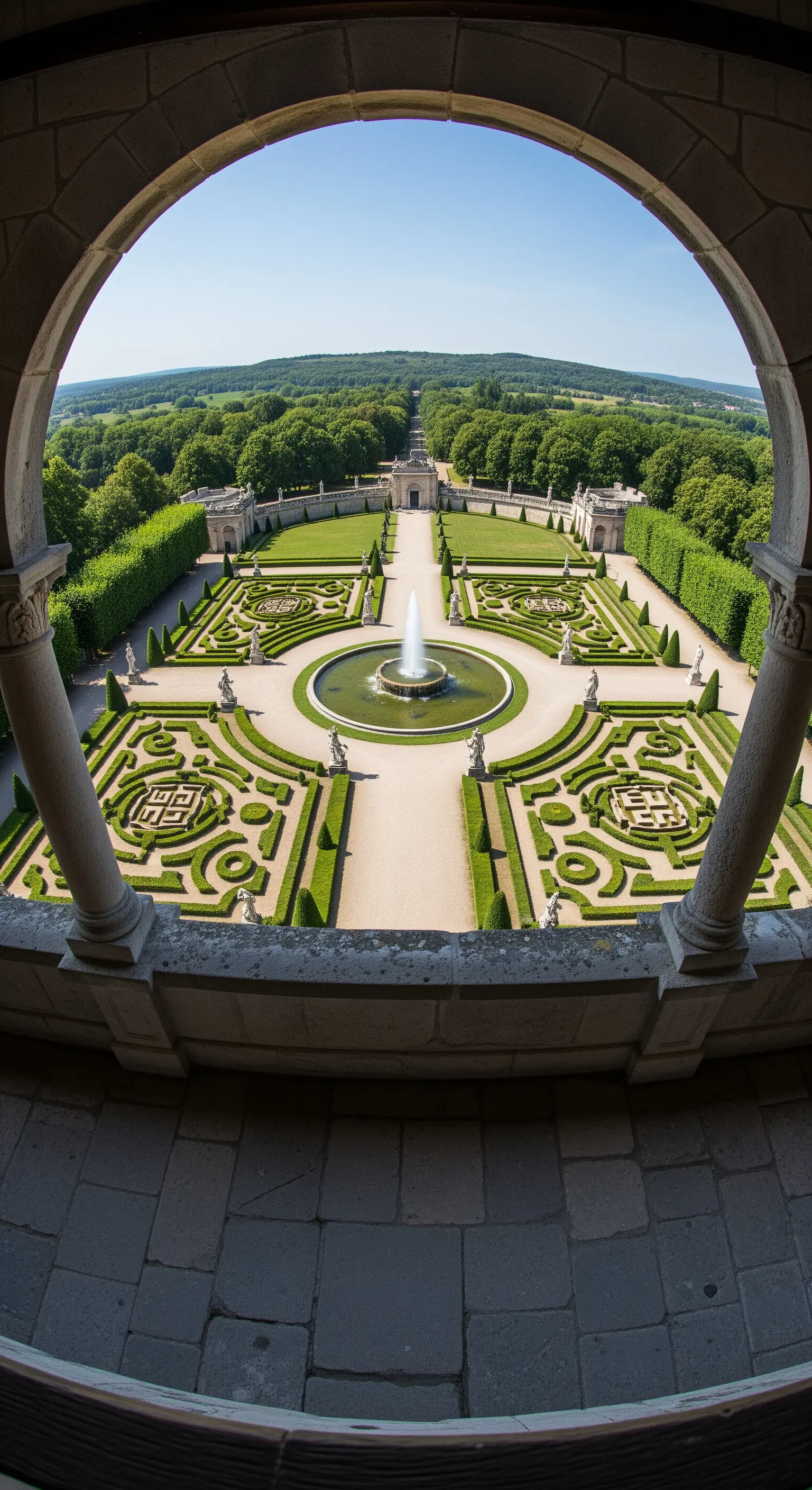 Vista panoramica da un balcone su un immenso giardino formale con labirinti di siepi.