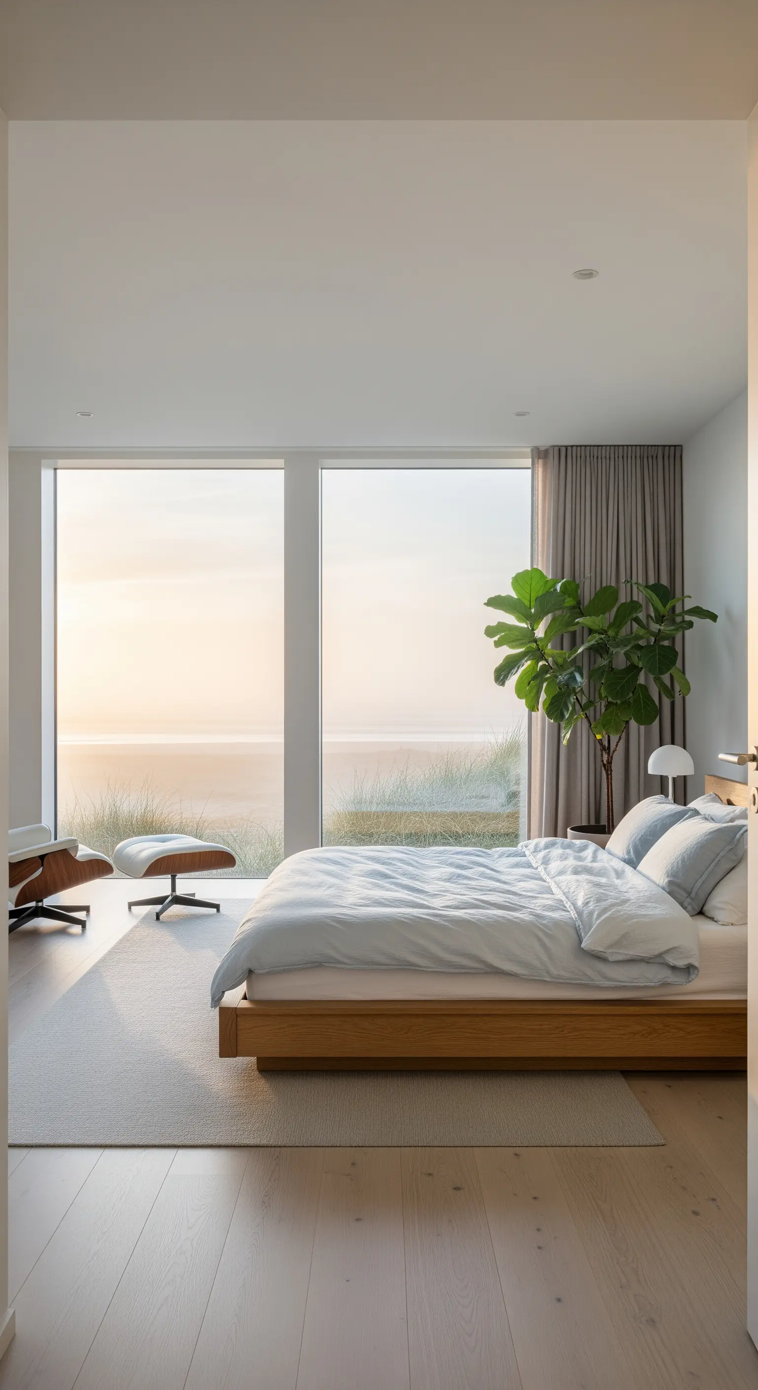 Camera da letto minimalista con letto basso in legno e vista sull'oceano al tramonto.