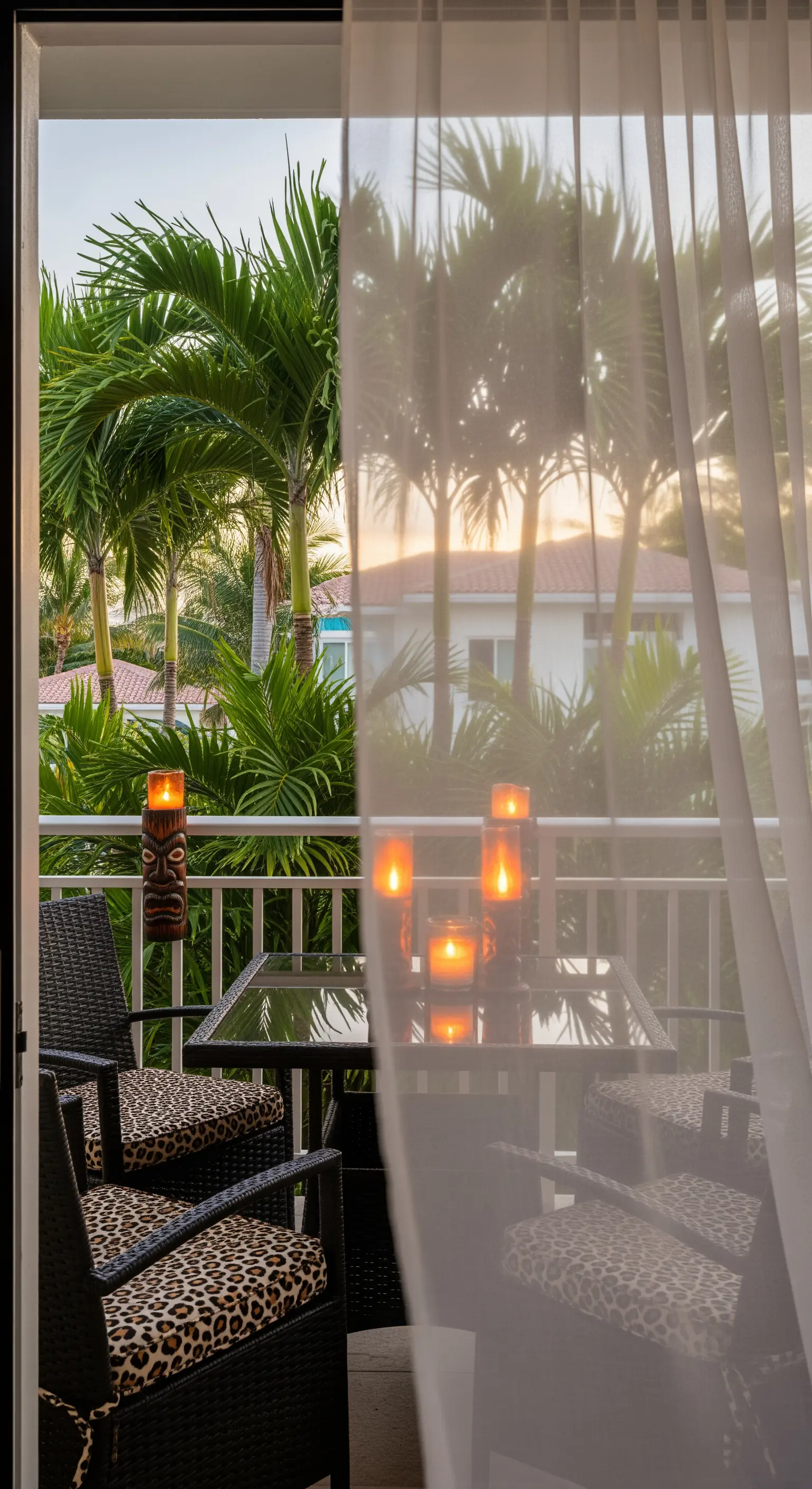 Vista di un balcone con palme attraverso una tenda bianca semitrasparente.