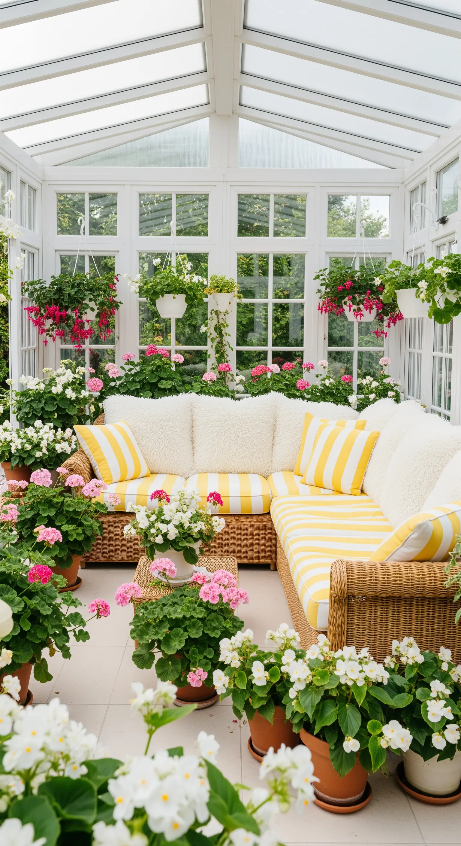 Veranda luminosa con divano in rattan, cuscini a righe gialle e circondata da vasi di gerani.