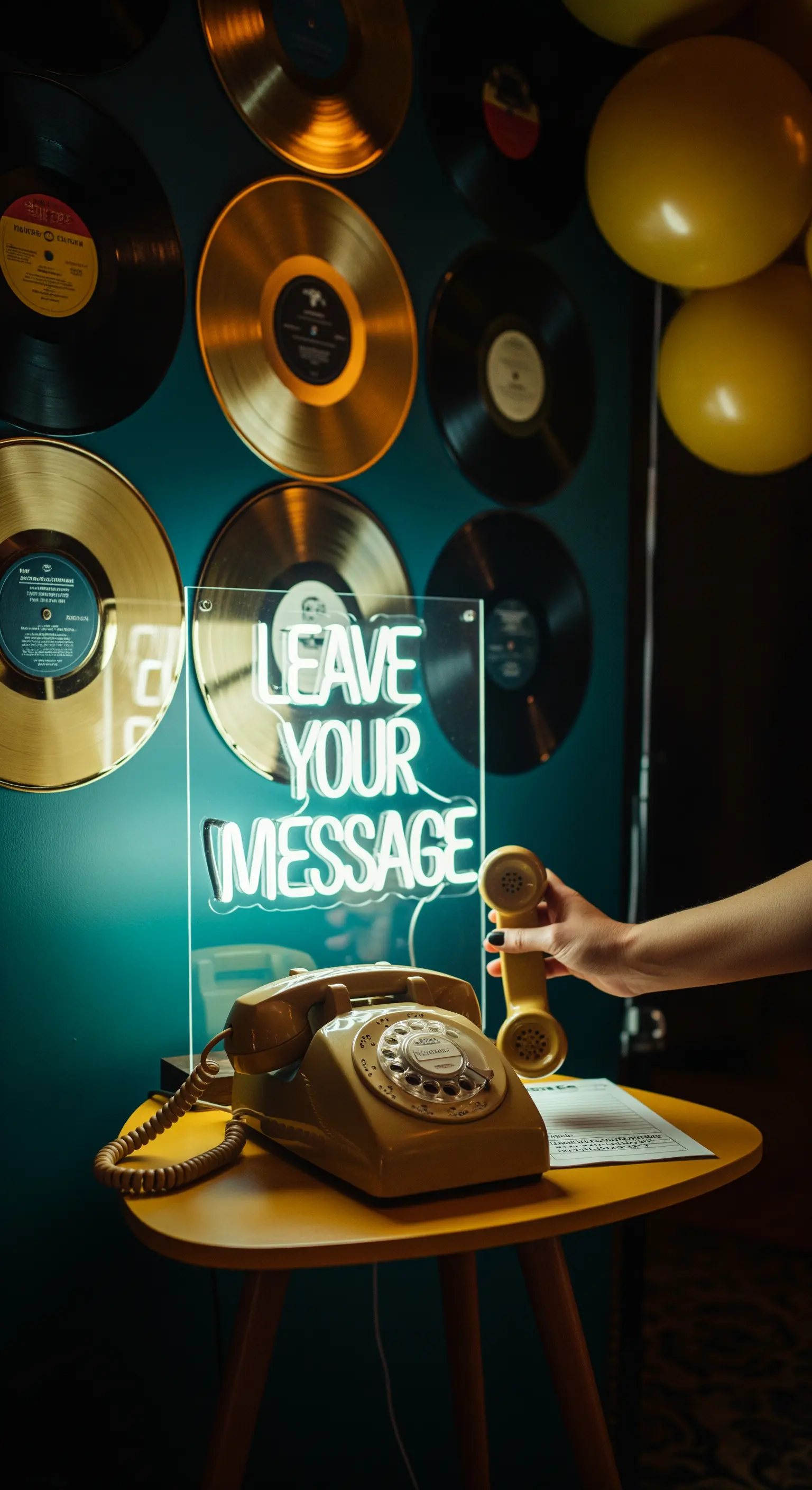 Telefono vintage per un guestbook audio con insegna al neon 'Leave Your Message'