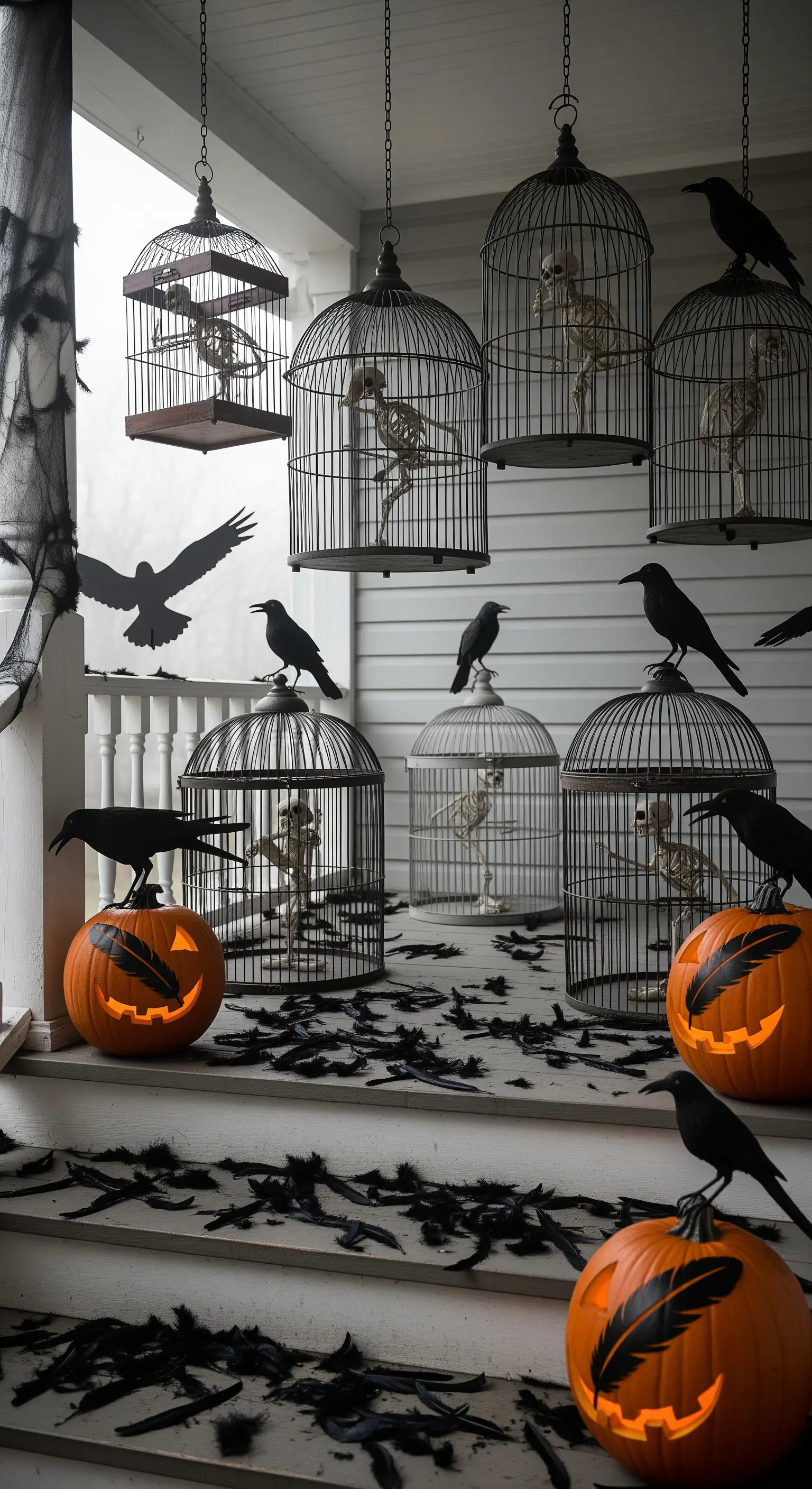 Gabbie per uccelli con scheletri all'interno, appese in un portico decorato con corvi e piume nere.