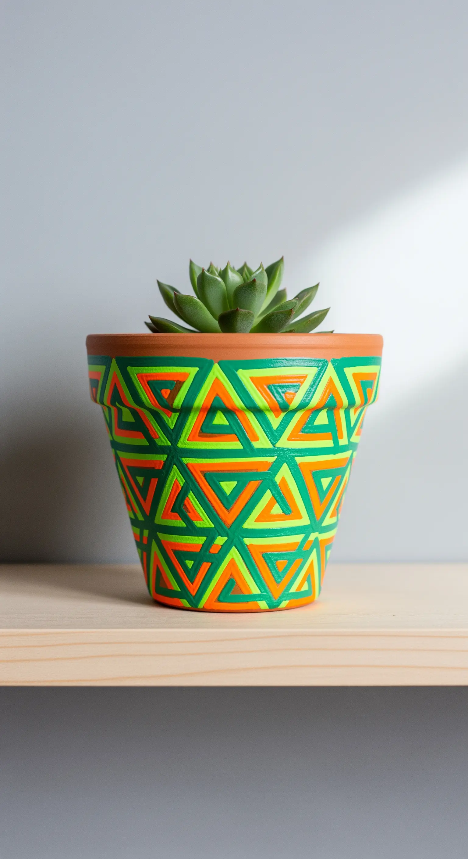 Vaso in terracotta con un fitto motivo di triangoli verde neon e arancione che ospita una succulenta.