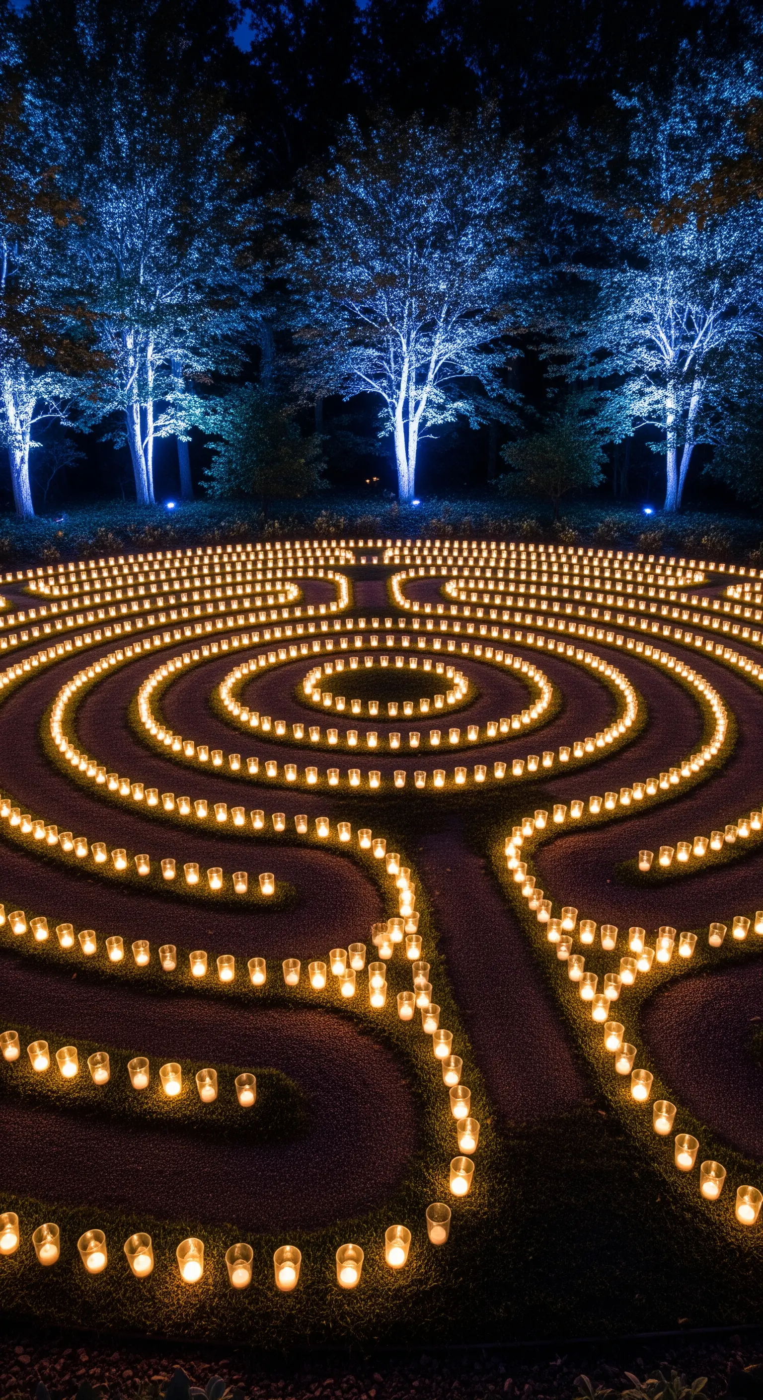 Grande labirinto circolare disegnato sull'erba con centinaia di candele accese in vasetti di vetro.