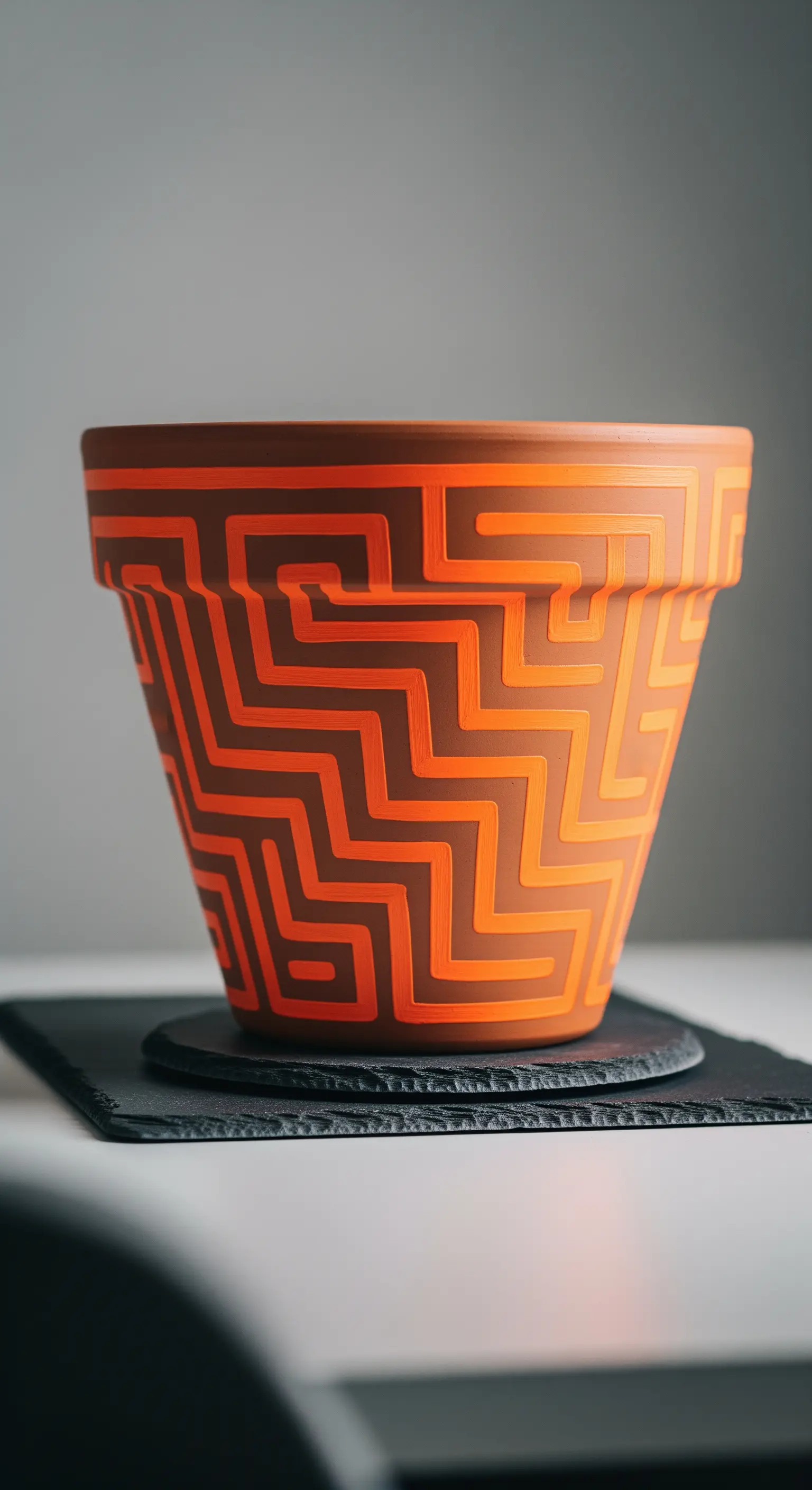 Vaso di terracotta con un motivo a labirinto dipinto in un arancione brillante e acceso.