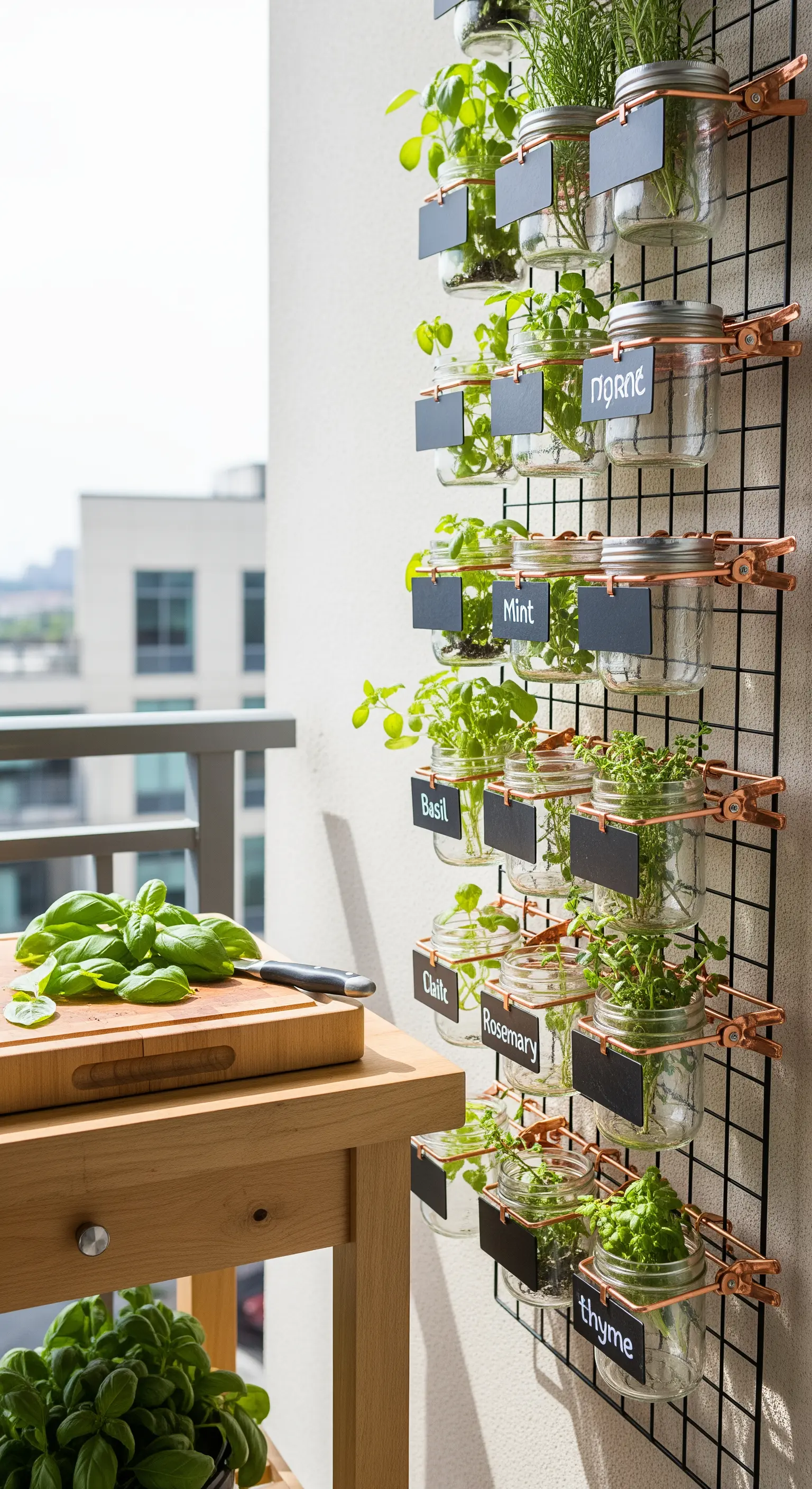 Griglia metallica con barattoli di vetro usati come vasi per erbe aromatiche con etichette.